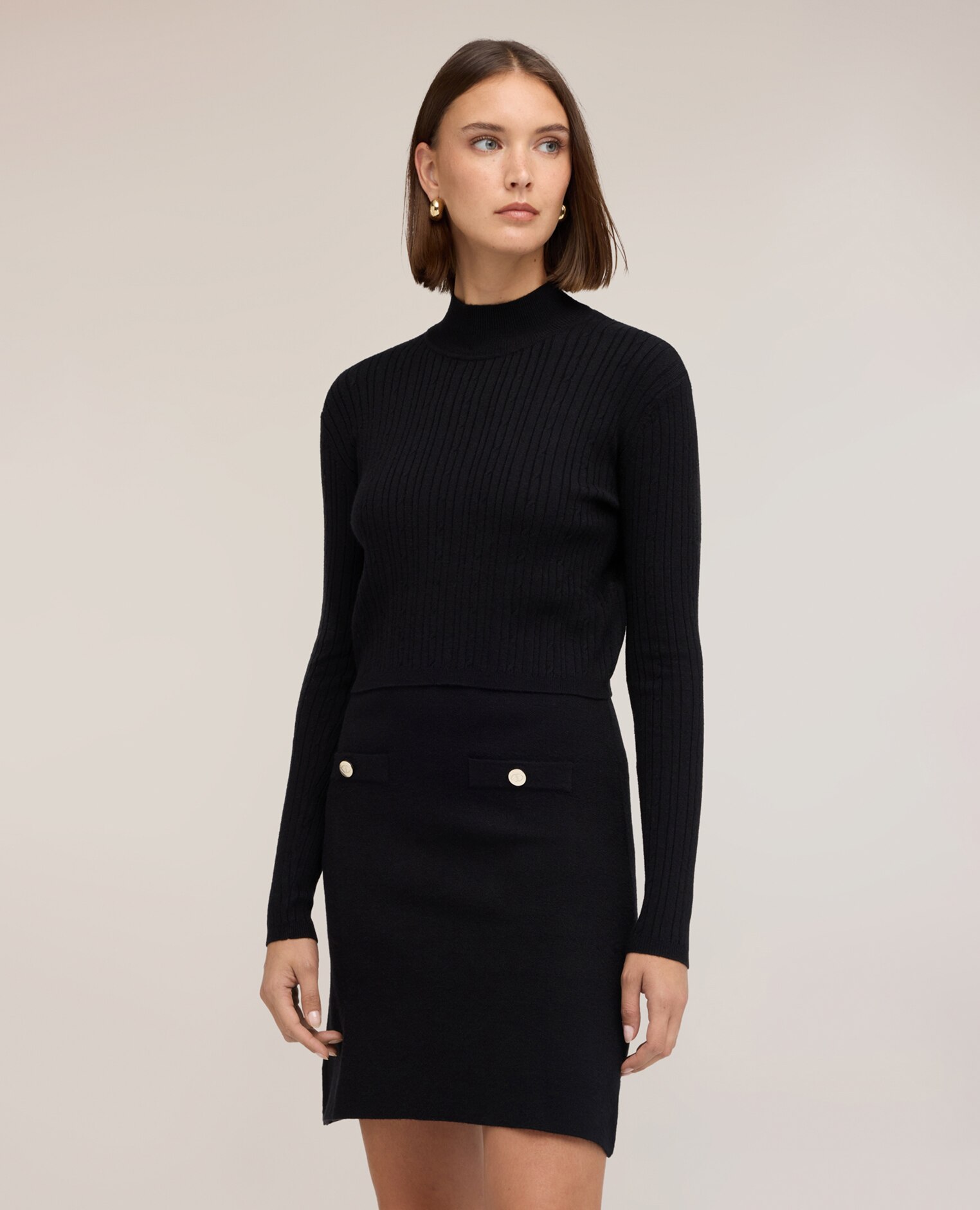 Vestido corto de mujer de punto de mezcla de viscosa vestido con top superpuesto de efecto layering - Motivi - Negro Negro-1