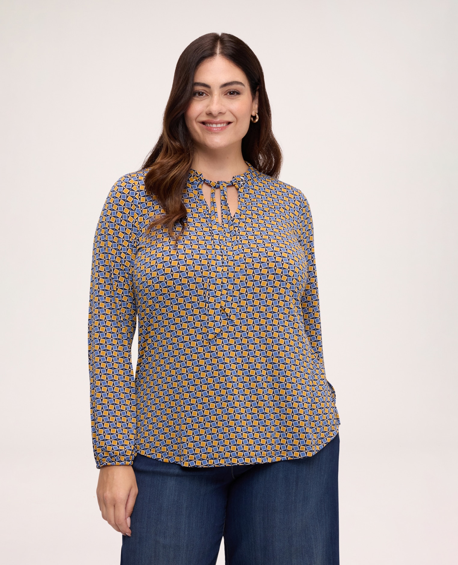 Imagen 0 de Camiseta de mujer con estampado y lazo mangas largas con elástico en el bajo Azul