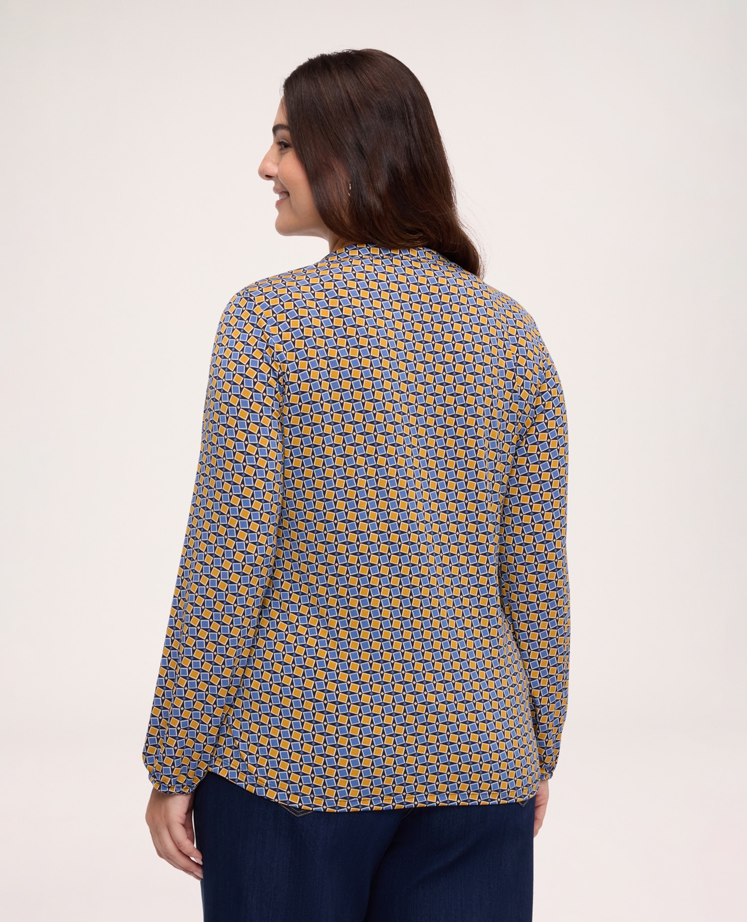 Camiseta de mujer con estampado y lazo mangas largas con elástico en el bajo - Fiorella Rubino - Azul Azul-2