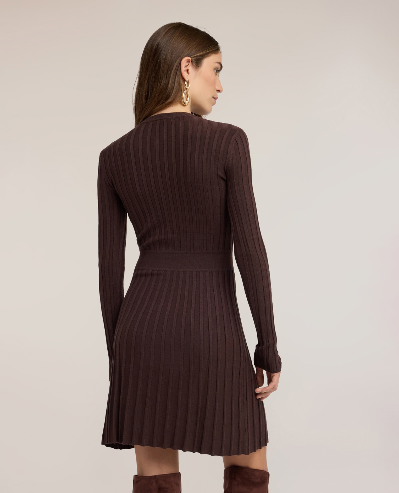 Minivestido de mujer de punto acanalado con falda plisada corte corto falda plisada - Motivi - Marrón Marrón-2