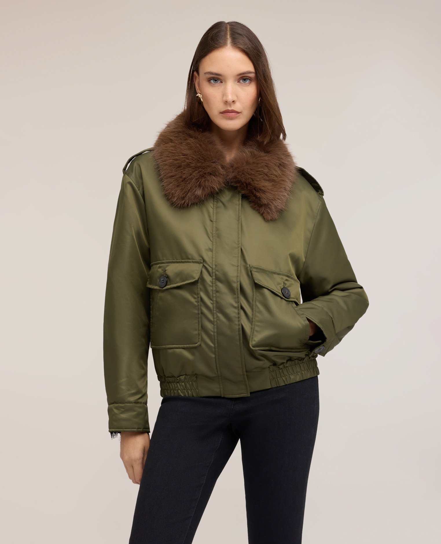 Cazadora de mujer bomber de nylon con cuello desmontable largo medio corte regular - Motivi - Verde militar Verde militar-1