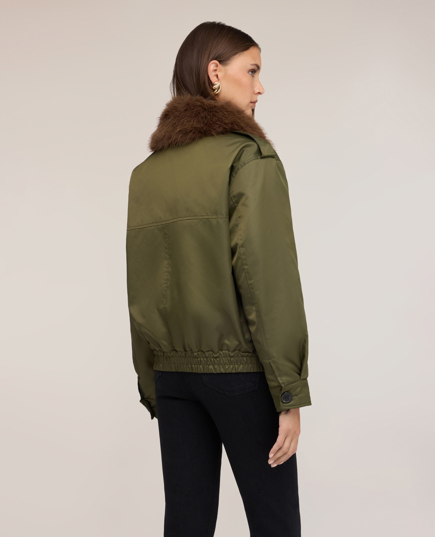 Cazadora de mujer bomber de nylon con cuello desmontable largo medio corte regular - Motivi - Verde militar Verde militar-2