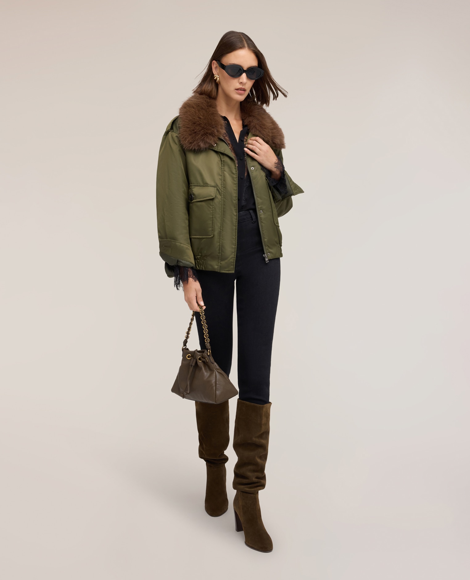 Cazadora de mujer bomber de nylon con cuello desmontable largo medio corte regular - Motivi - Verde militar Verde militar-3