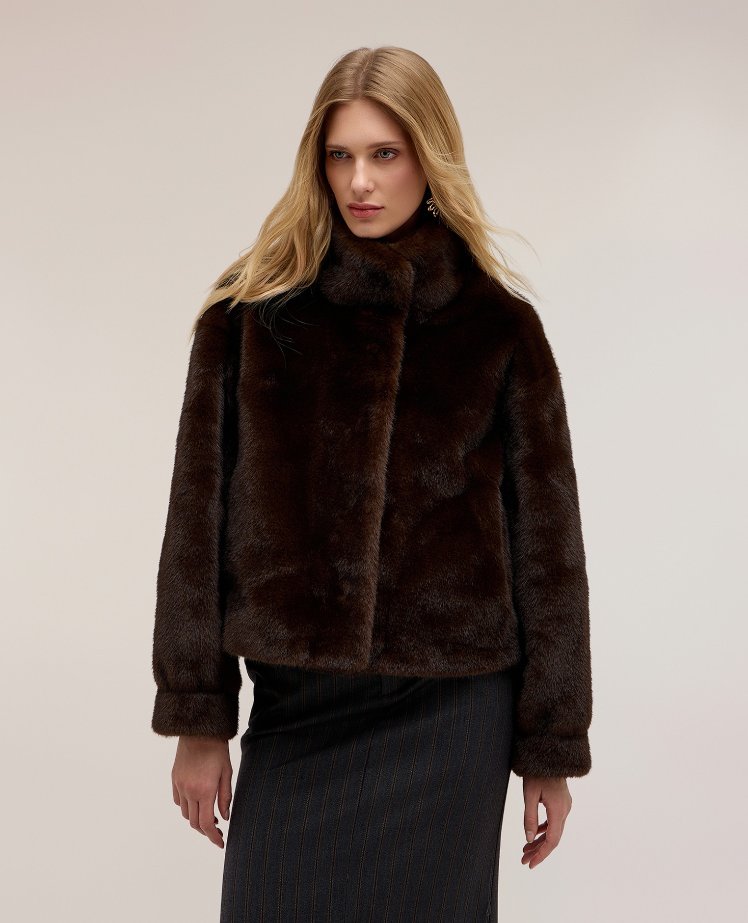 Imagen 1 de Chaqueta de mujer de invierno con cuello alto corte regular cierre con botones de presión ocultos - Motivi - Marrón Marrón