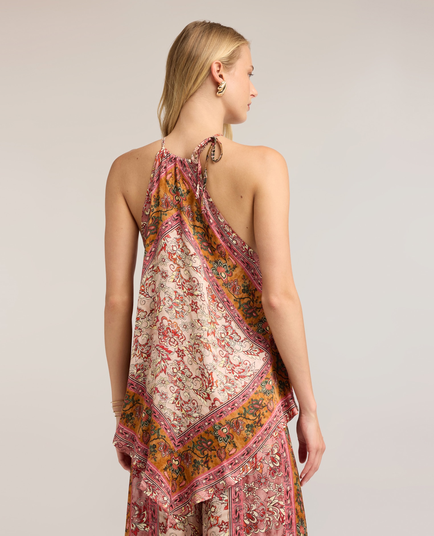 Top de mujer de raso con estampado paisley escote halter con cierre de lazos en el cuello - Motivi - Rosa Rosa-2