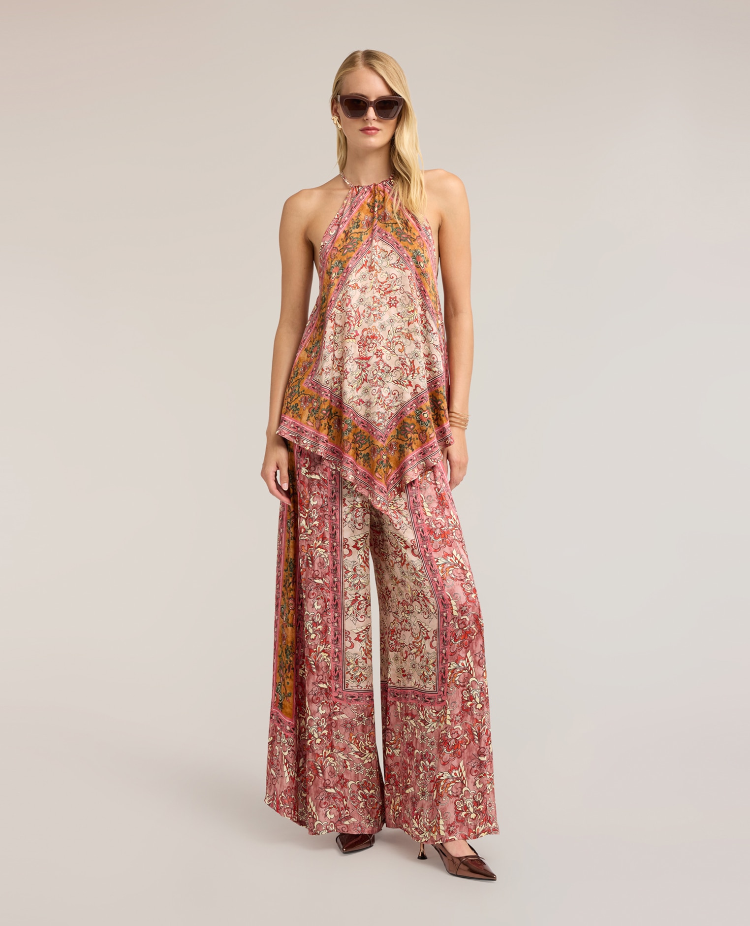 Top de mujer de raso con estampado paisley escote halter con cierre de lazos en el cuello - Motivi - Rosa Rosa-3