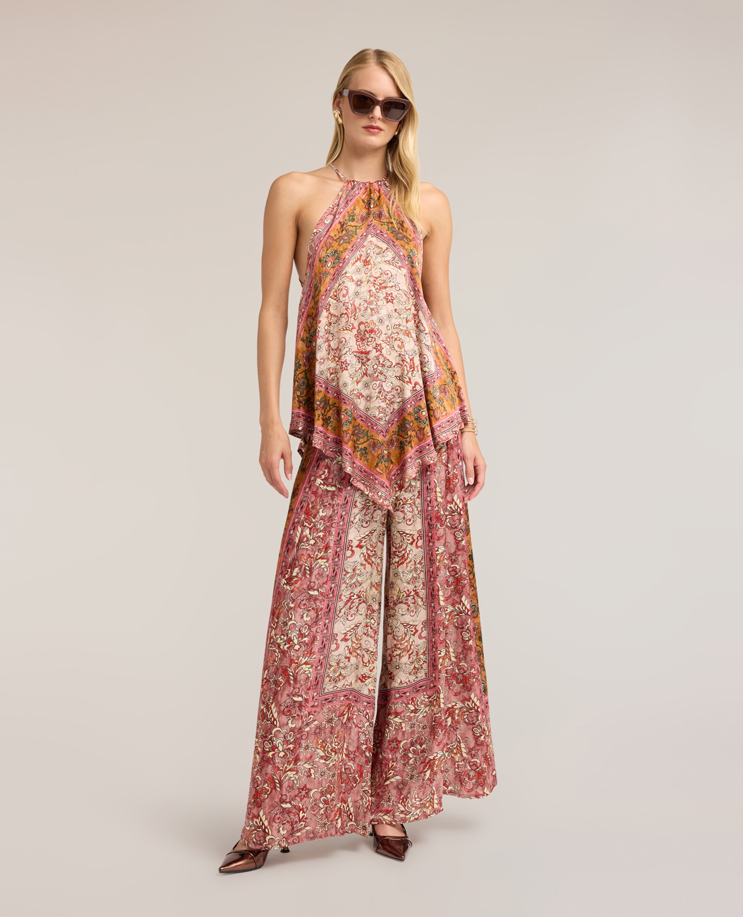 Pantalones de mujer palazzo de raso con estampado ajuste ancho - Motivi - Rosa Rosa-1