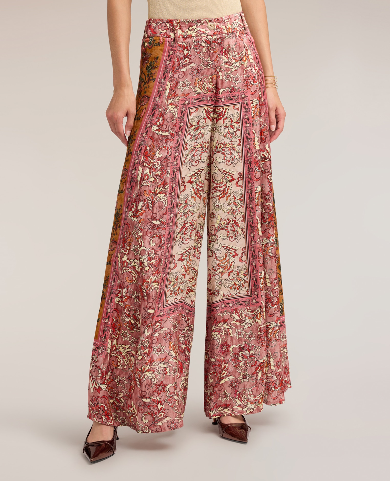 Pantalones de mujer palazzo de raso con estampado ajuste ancho - Motivi - Rosa Rosa-3