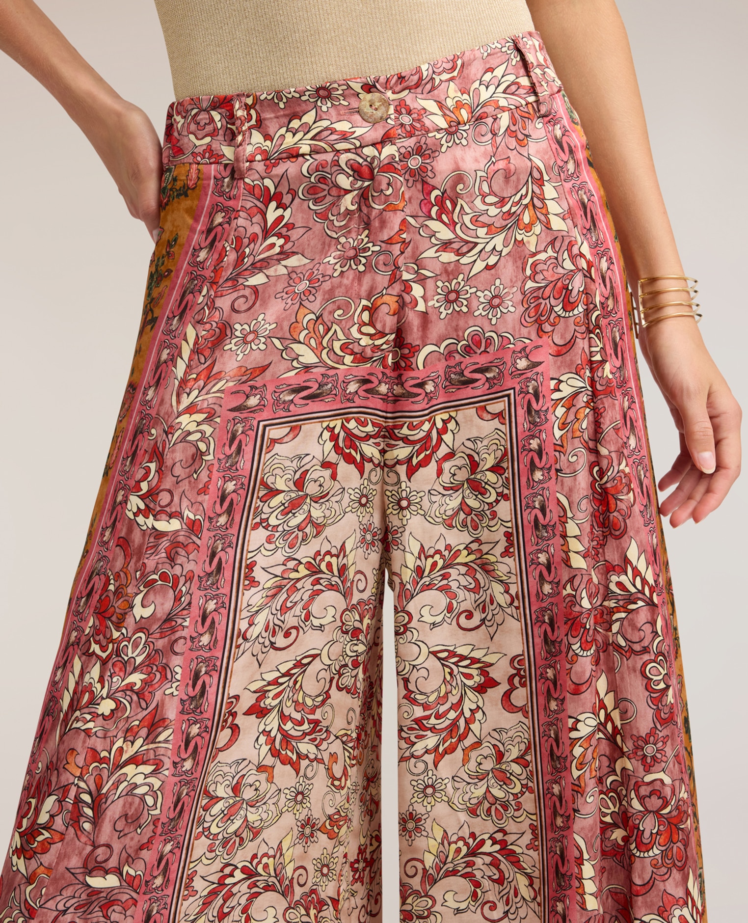 Pantalones de mujer palazzo de raso con estampado ajuste ancho - Motivi - Rosa Rosa-4