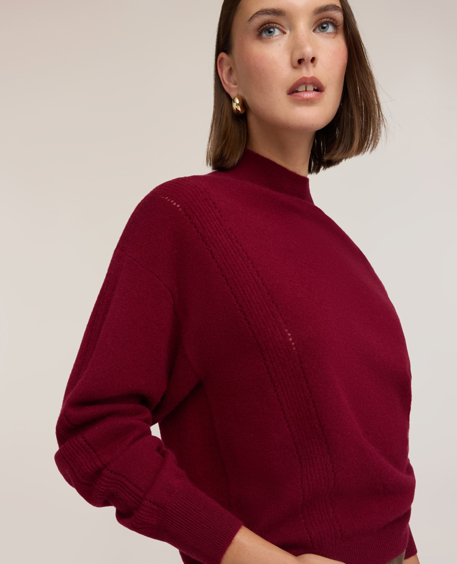 Jersey cuello de mujer alto de cachemira con detalle calado ajuste regular cuello alto - Motivi - Burdeos Burdeos-4