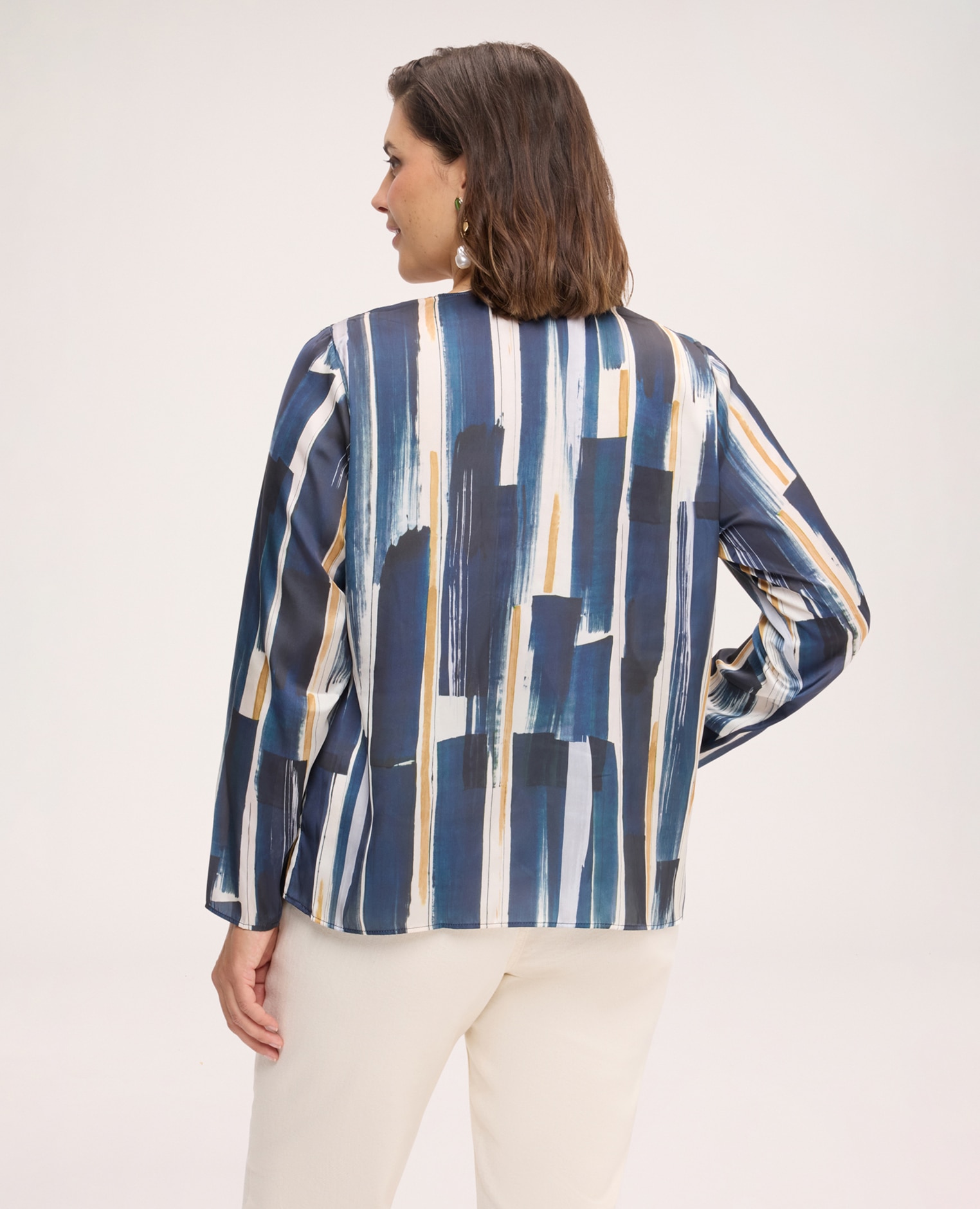Blusa de mujer de satén con estampado estampado abstracto de pinceladas verticales - Fiorella Rubino - Azul Azul-2