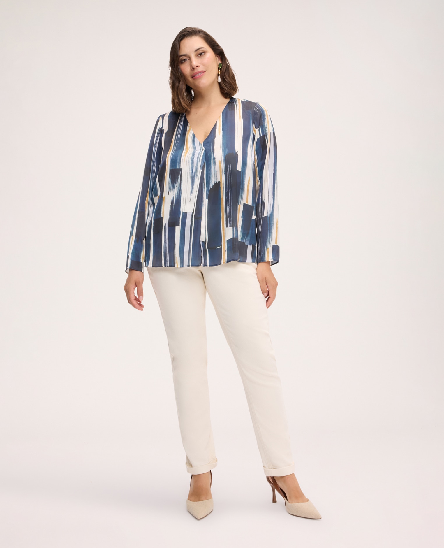 Blusa de mujer de satén con estampado estampado abstracto de pinceladas verticales - Fiorella Rubino - Azul Azul-3
