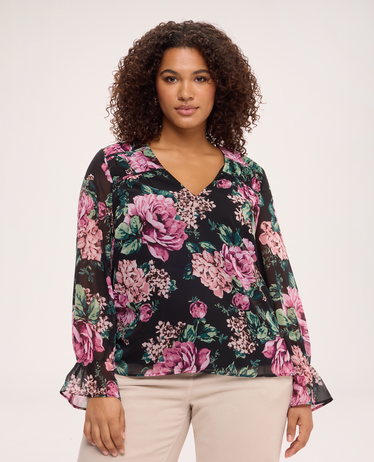 Blusa de mujer con estampado floral prenda ligera - Fiorella Rubino - Negro Negro-1