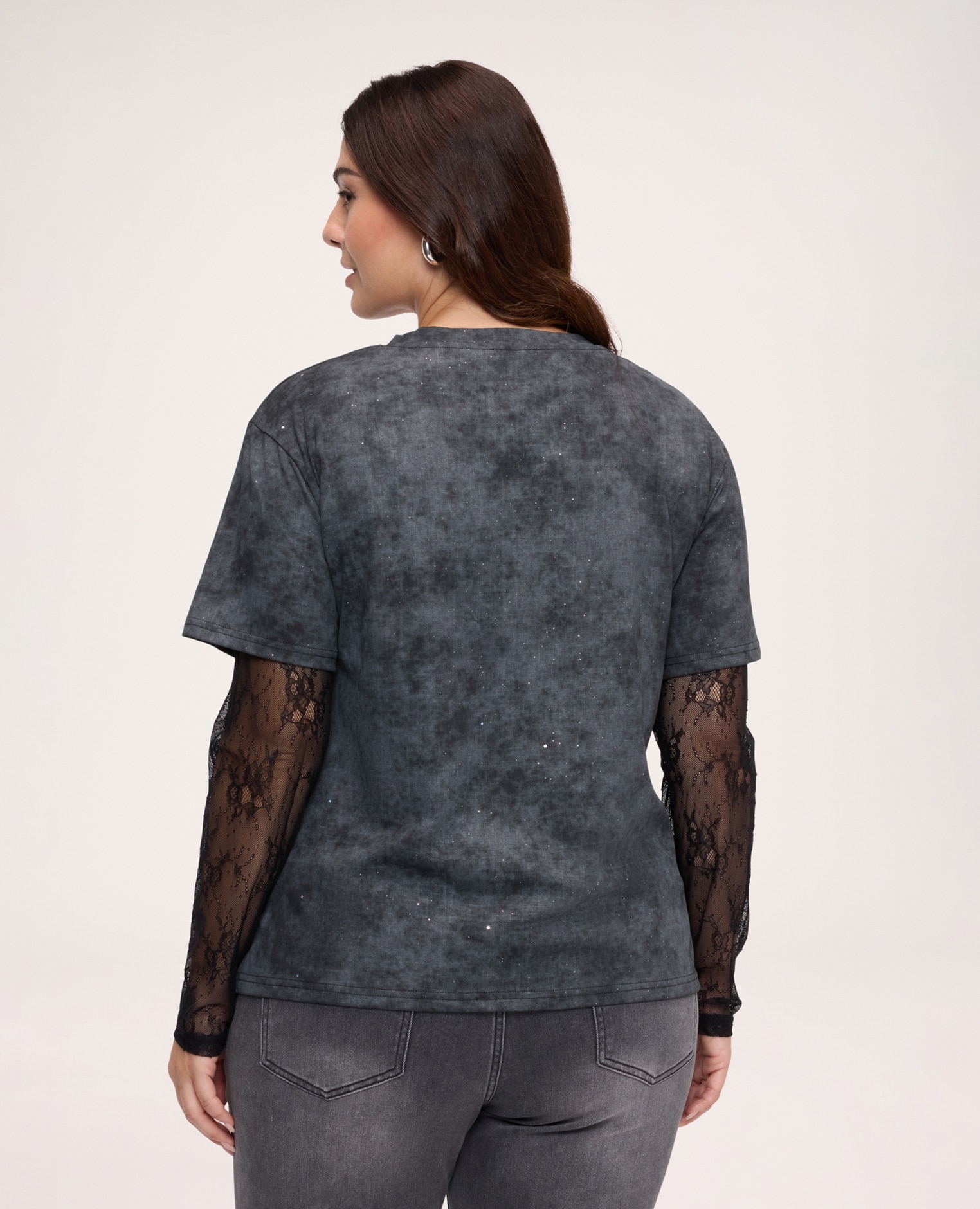 Camiseta de mujer con mangas de encaje camiseta con estampado floral y acabado efecto desteñido - Fiorella Rubino - Negro Negro-2