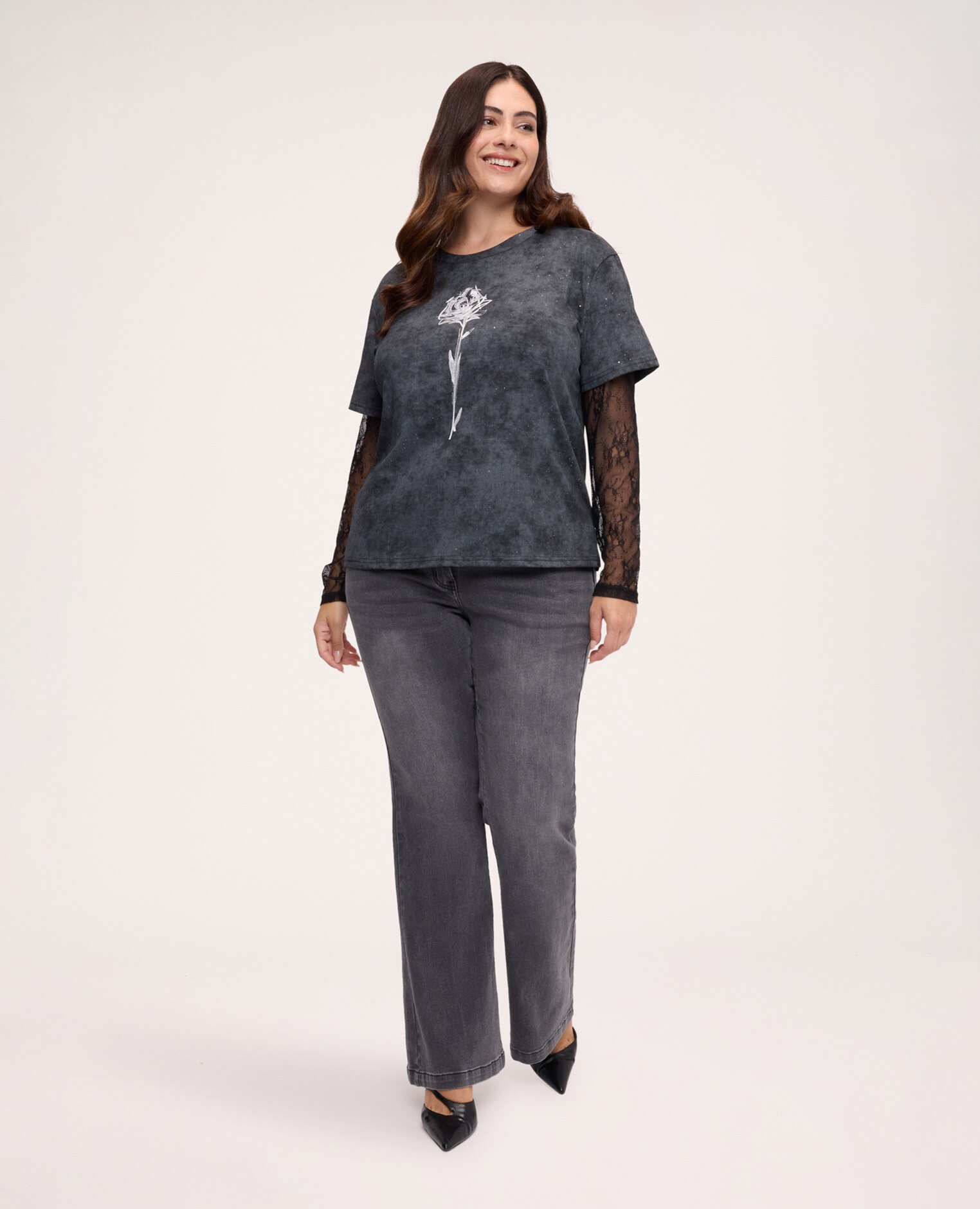 Camiseta de mujer con mangas de encaje camiseta con estampado floral y acabado efecto desteñido - Fiorella Rubino - Negro Negro-3