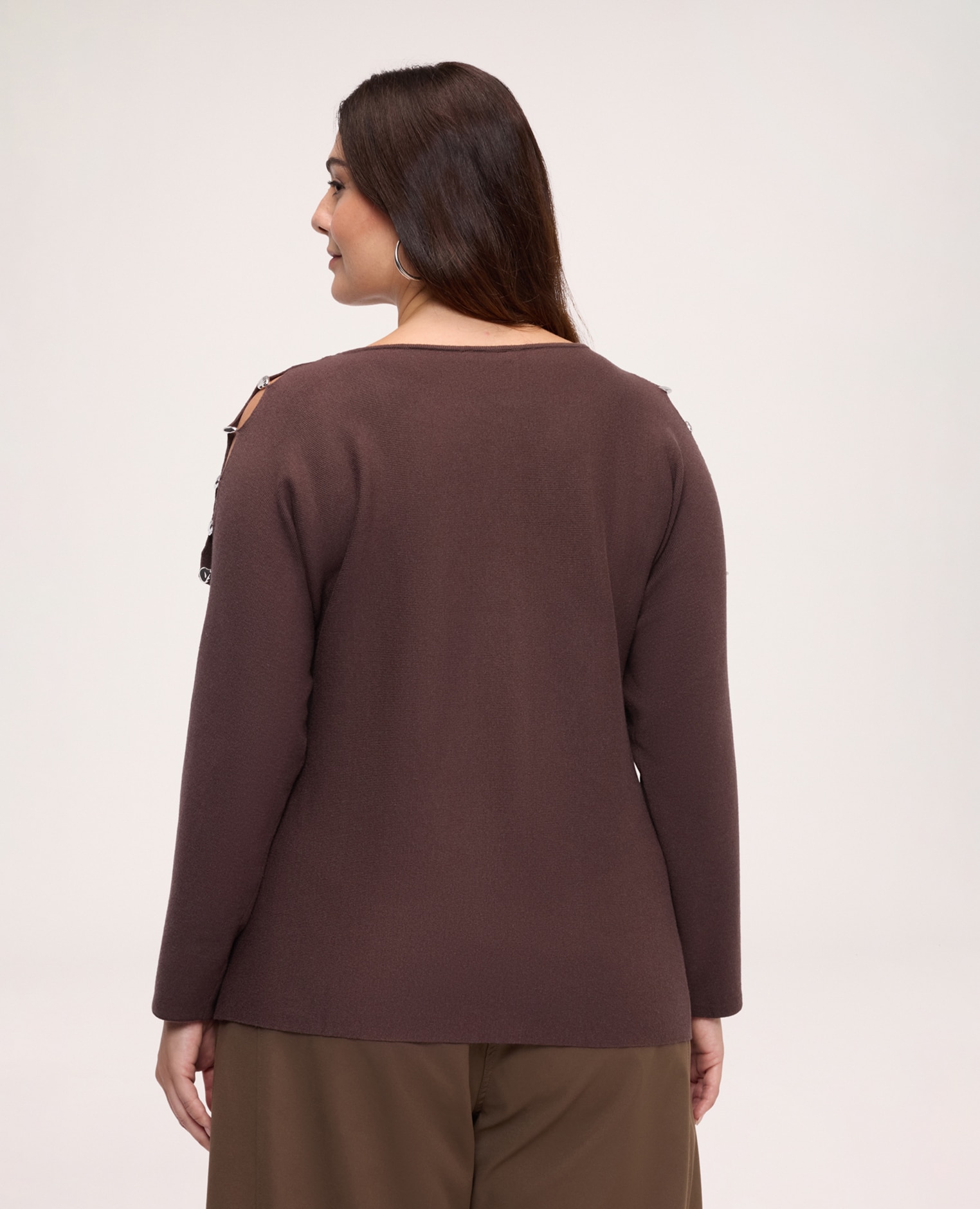 Jersey de mujer de cuello barco de mezcla de viscosa mangas largas caídas - Fiorella Rubino - Marrón Marrón-2