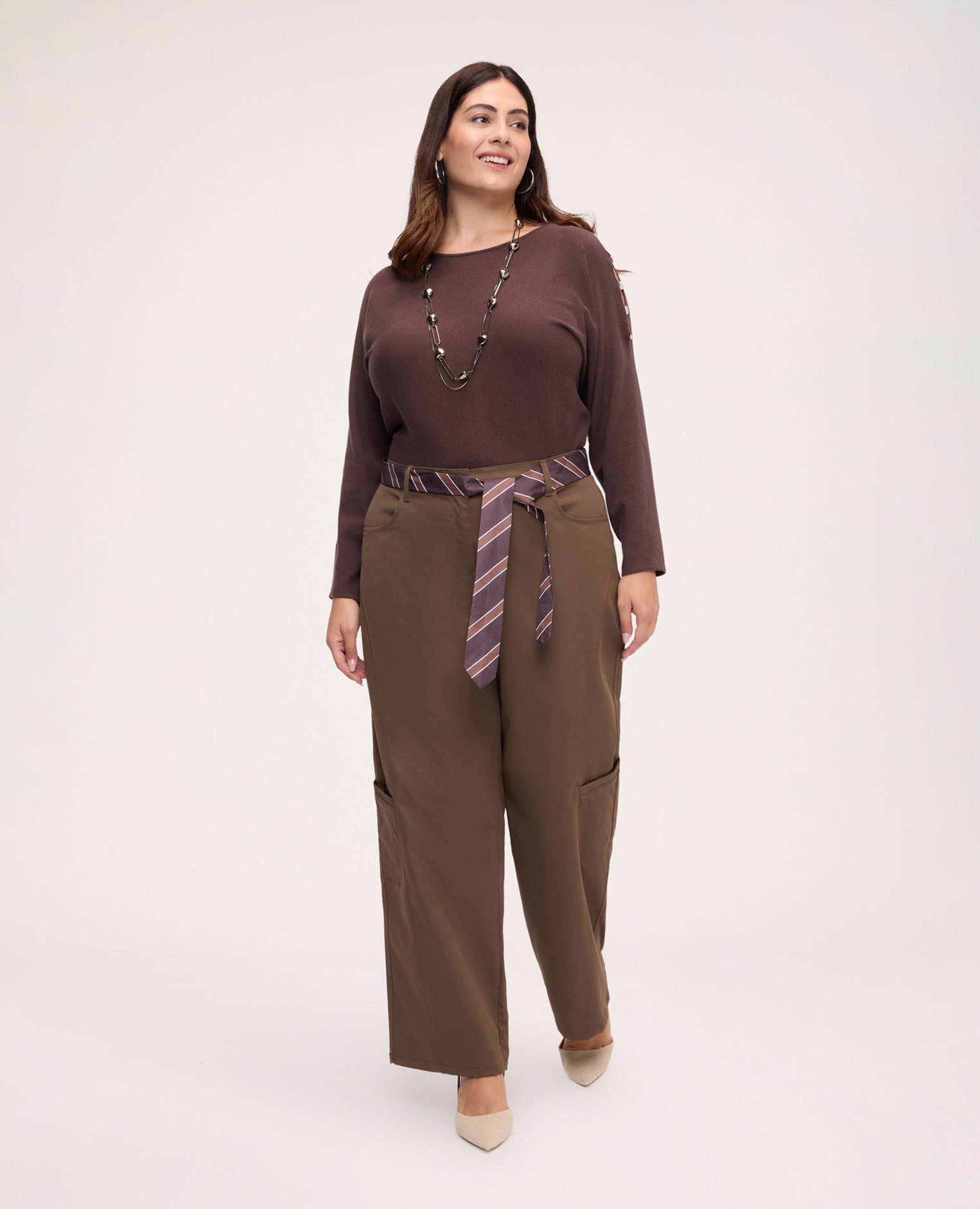 Jersey de mujer de cuello barco de mezcla de viscosa mangas largas caídas - Fiorella Rubino - Marrón Marrón-3