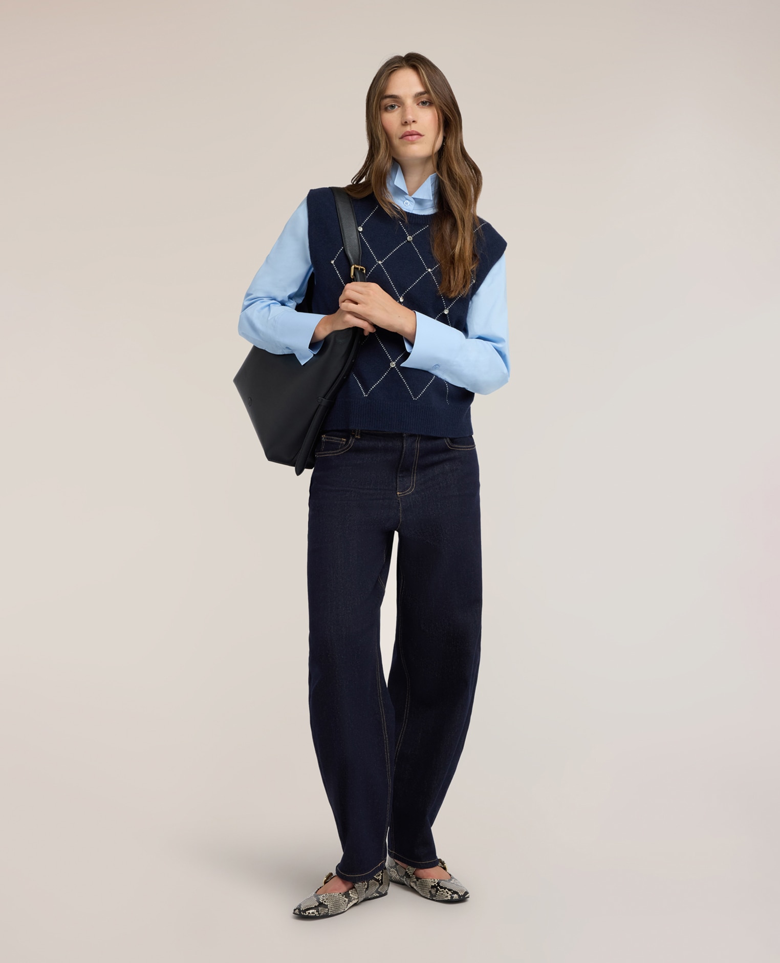 Jeans de mujer barrel fit lavado rinse talle alto con cierre de botón y cremallera - Motivi - Azul Azul-1