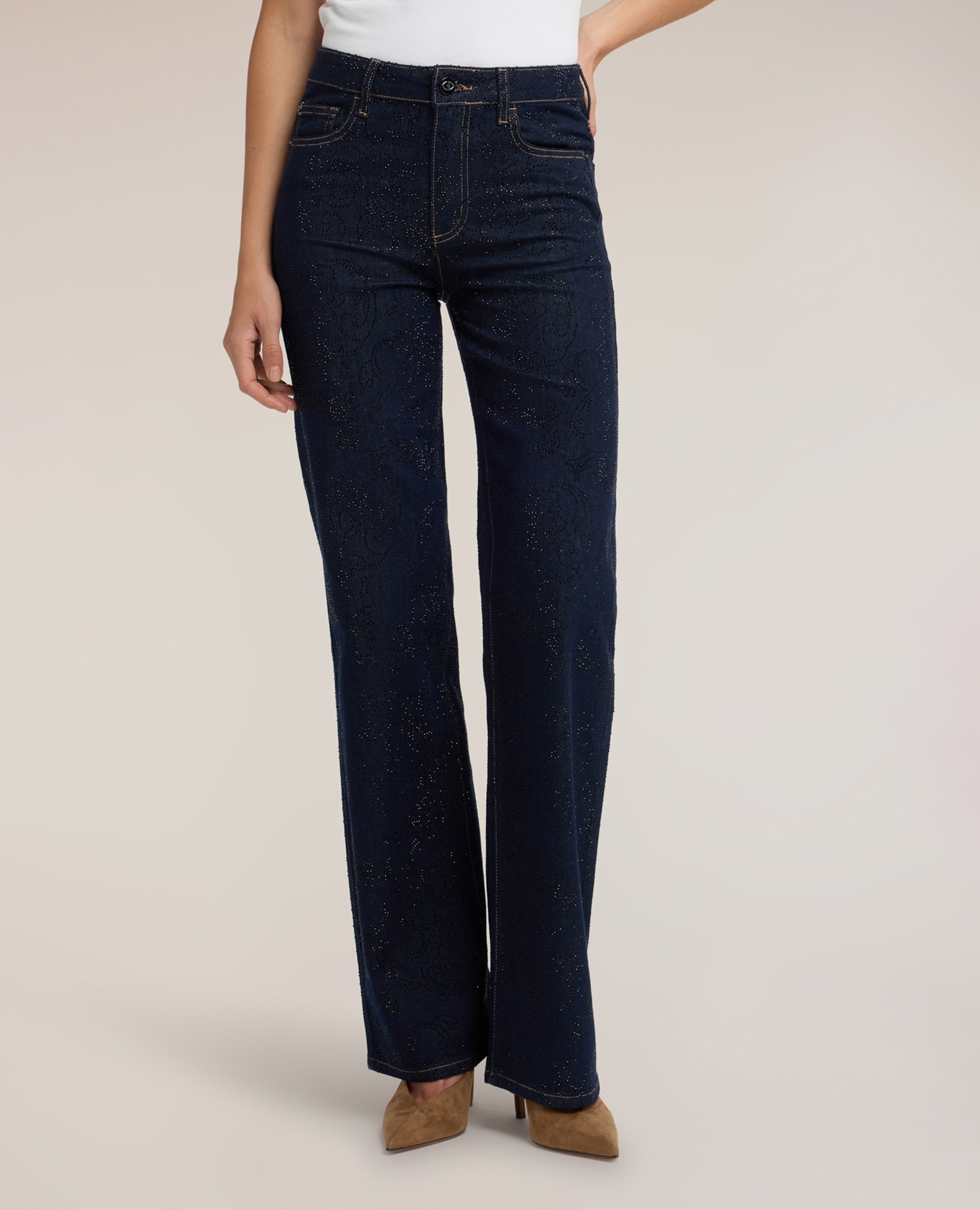 Jeans de mujer palazzo con strass all over elaboración full strass all over con motivo paisley lavado rinse - Motivi - Azul Azul-3