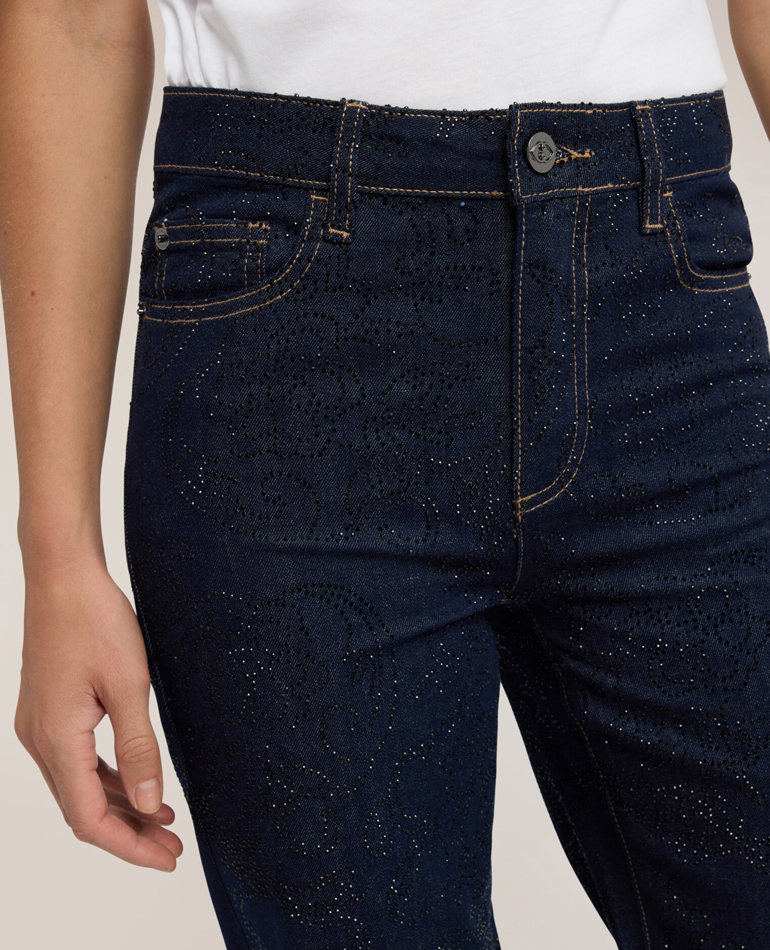 Jeans de mujer palazzo con strass all over elaboración full strass all over con motivo paisley lavado rinse - Motivi - Azul Azul-4