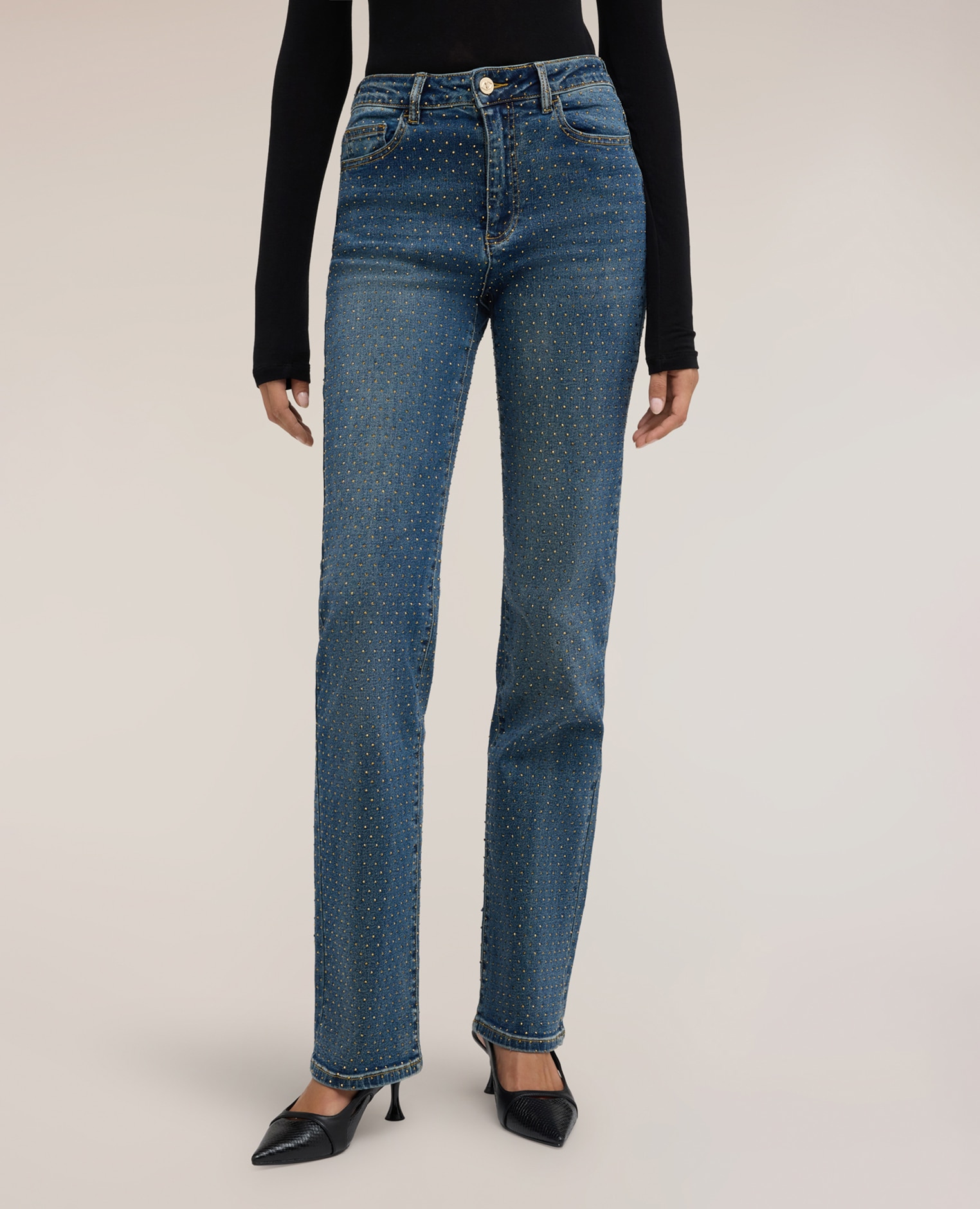 Jeans de mujer wide fit con microstrass por todo el diseño modelo de cinco bolsillos con cierre de botón y cremallera - Motivi - Azul Azul-3