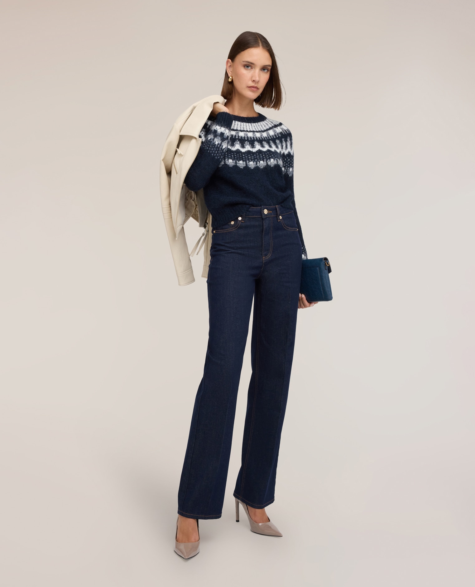 Jeans de mujer wide de tiro alto ajuste recto con cintura alta cierre con botón y cremallera - Motivi - Azul Azul-1
