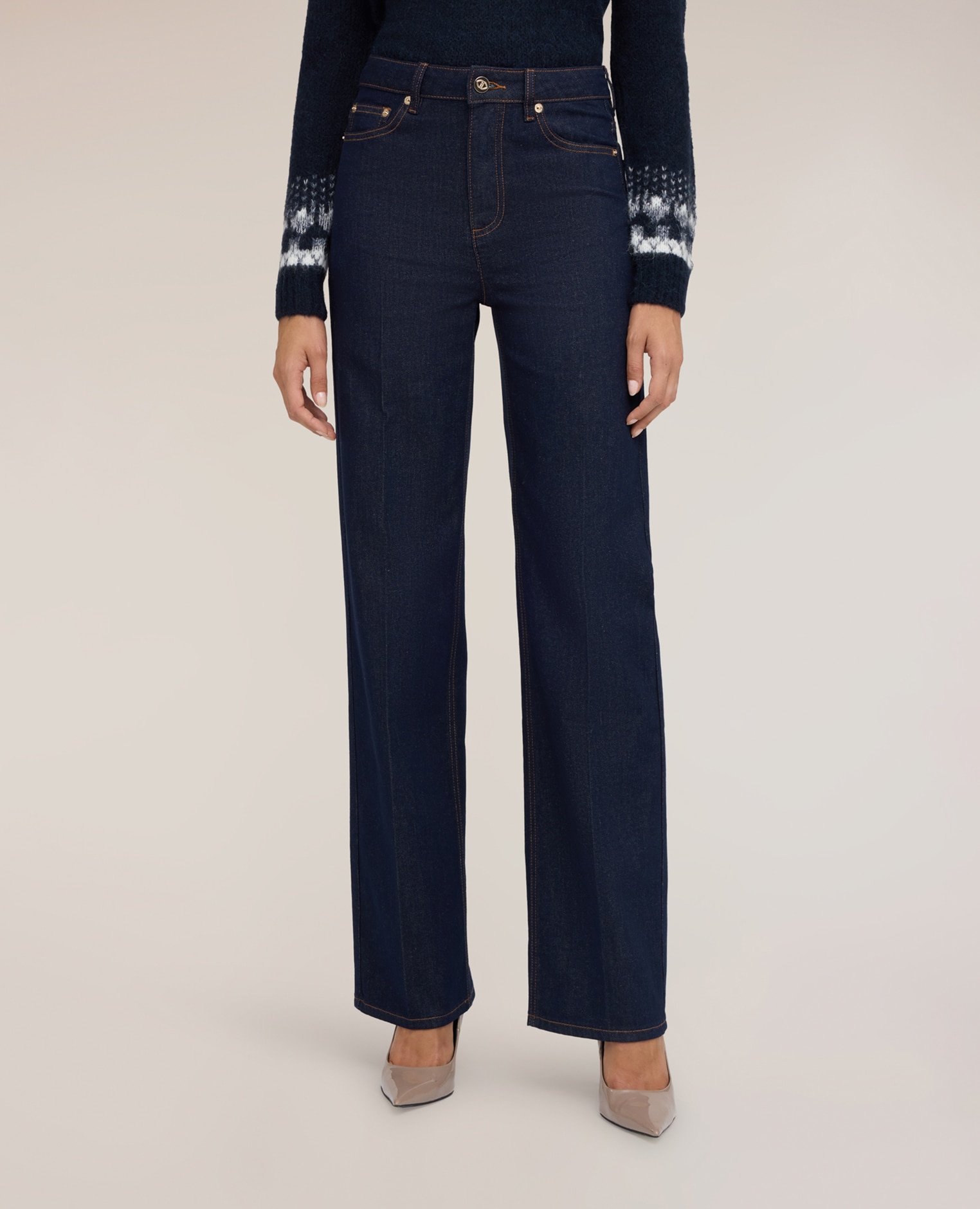 Jeans de mujer wide de tiro alto ajuste recto con cintura alta cierre con botón y cremallera - Motivi - Azul Azul-3