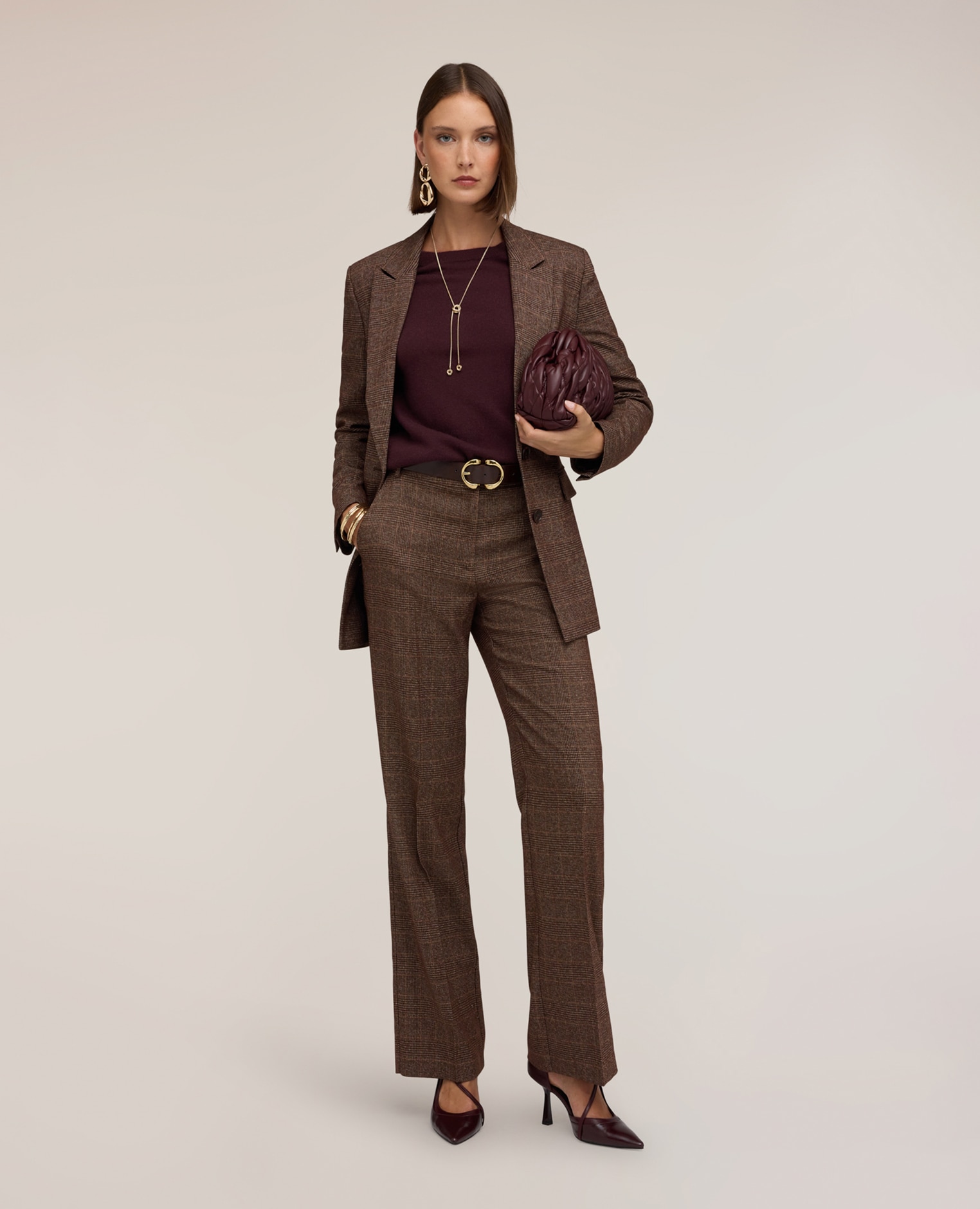 Pantalones de mujer palazzo de cuadros en tejido teñido en hilo ajuste ancho cierre con corchetes y cremallera - Motivi - Marrón Marrón-1