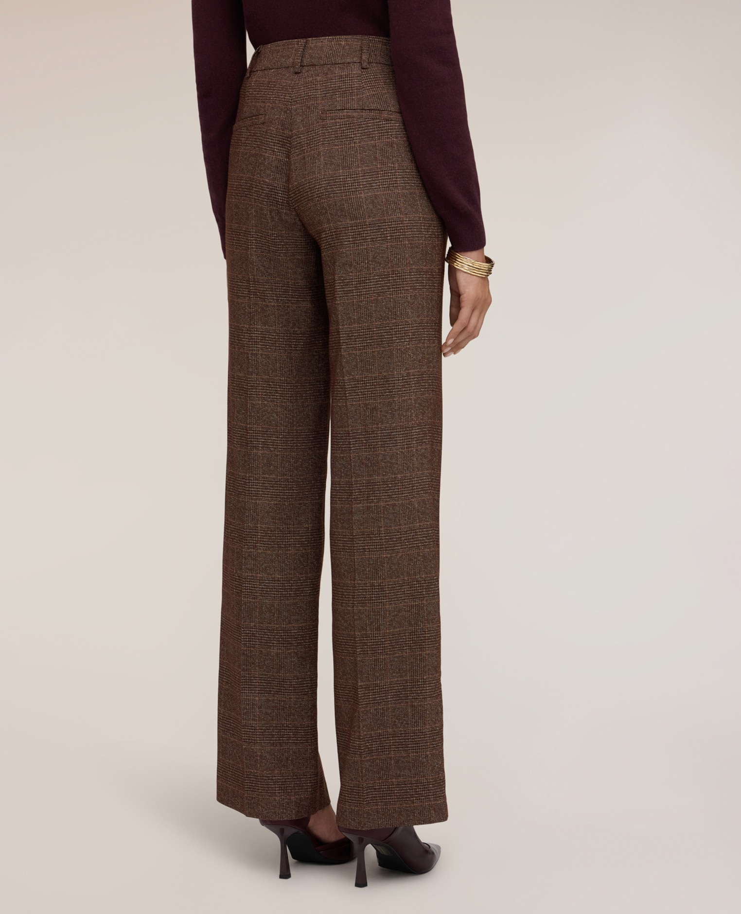 Pantalones de mujer palazzo de cuadros en tejido teñido en hilo ajuste ancho cierre con corchetes y cremallera - Motivi - Marrón Marrón-2