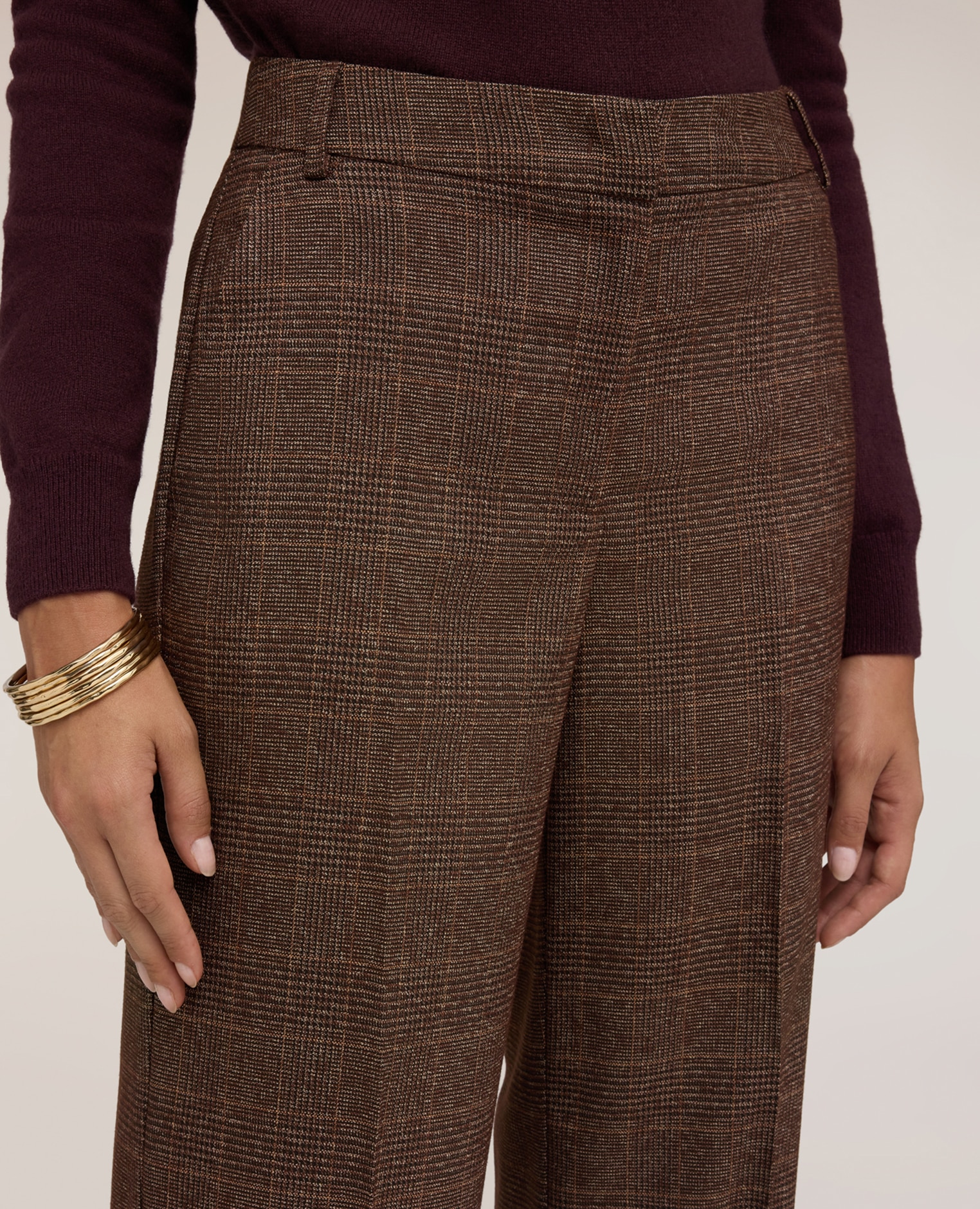 Pantalones de mujer palazzo de cuadros en tejido teñido en hilo ajuste ancho cierre con corchetes y cremallera - Motivi - Marrón Marrón-4