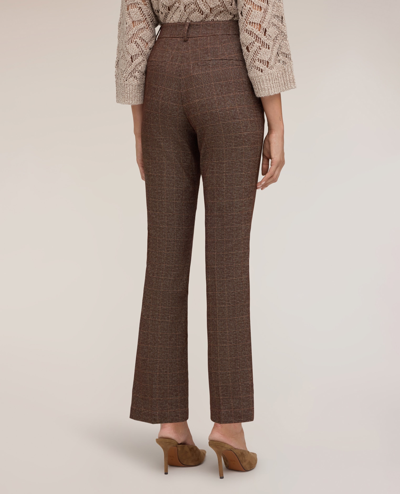Pantalones de mujer cigarette de estampado príncipe de gales largo cropped cierre con corchete y cremallera - Motivi - Marrón Marrón-2