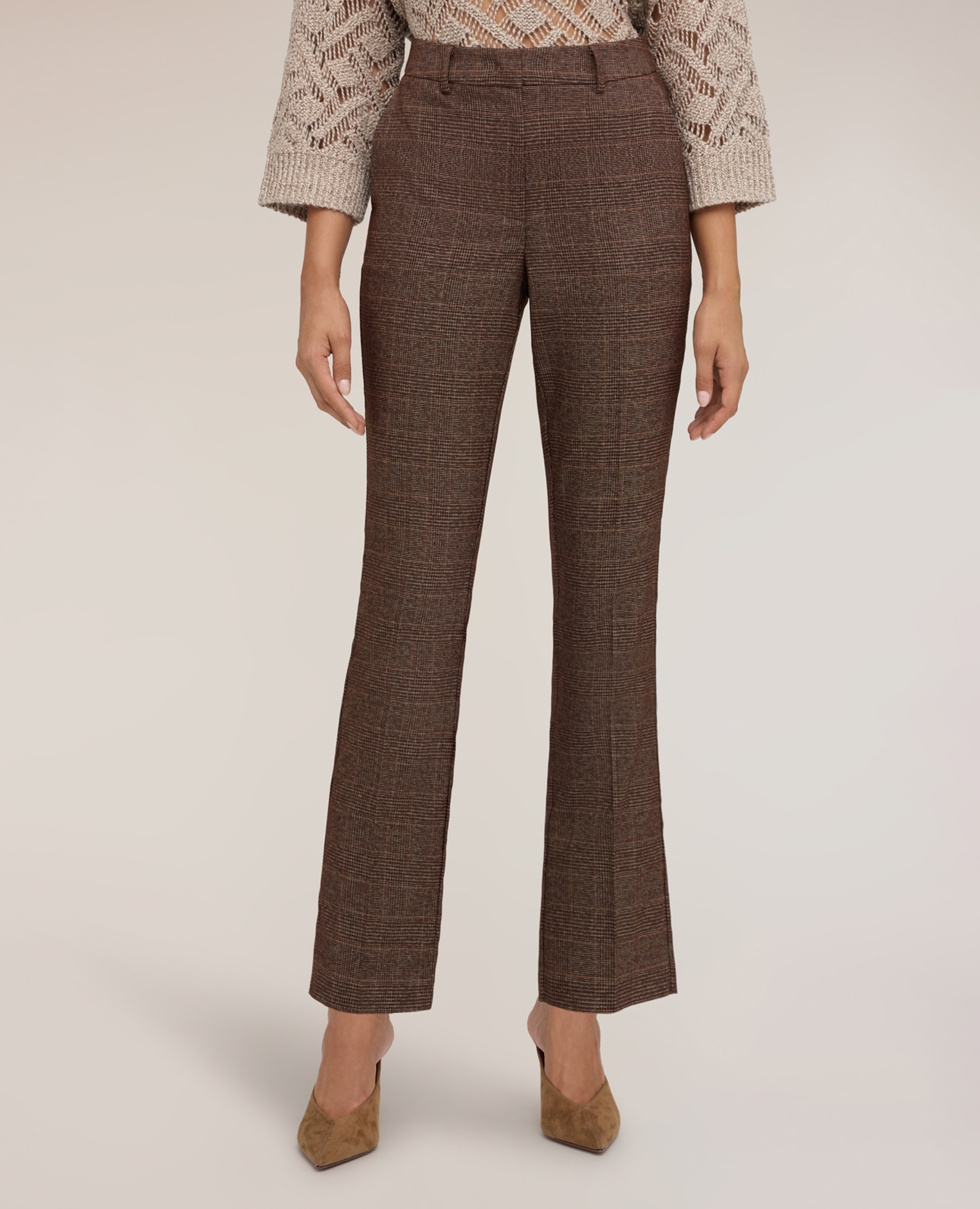 Pantalones de mujer cigarette de estampado príncipe de gales largo cropped cierre con corchete y cremallera - Motivi - Marrón Marrón-3