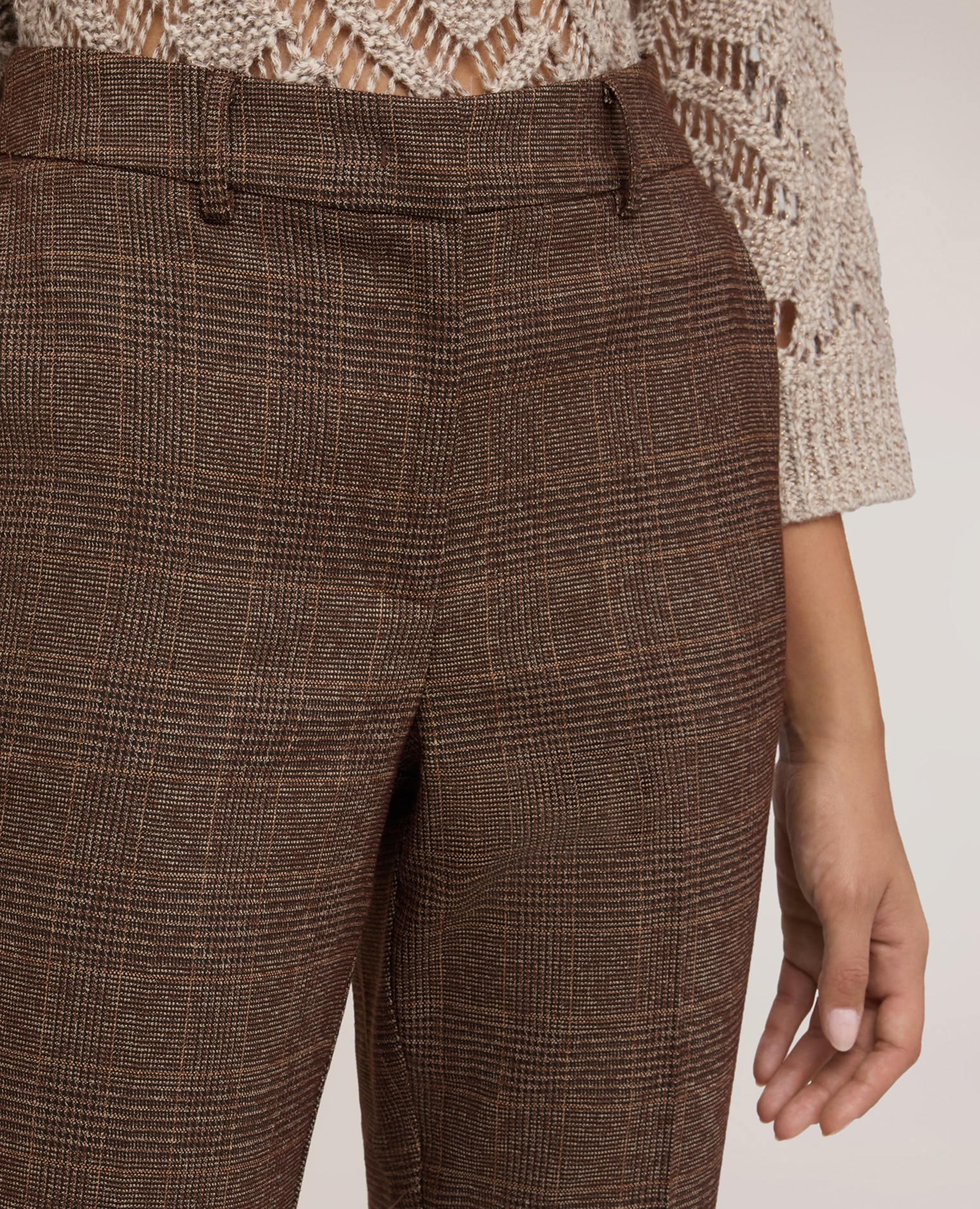 Pantalones de mujer cigarette de estampado príncipe de gales largo cropped cierre con corchete y cremallera - Motivi - Marrón Marrón-4