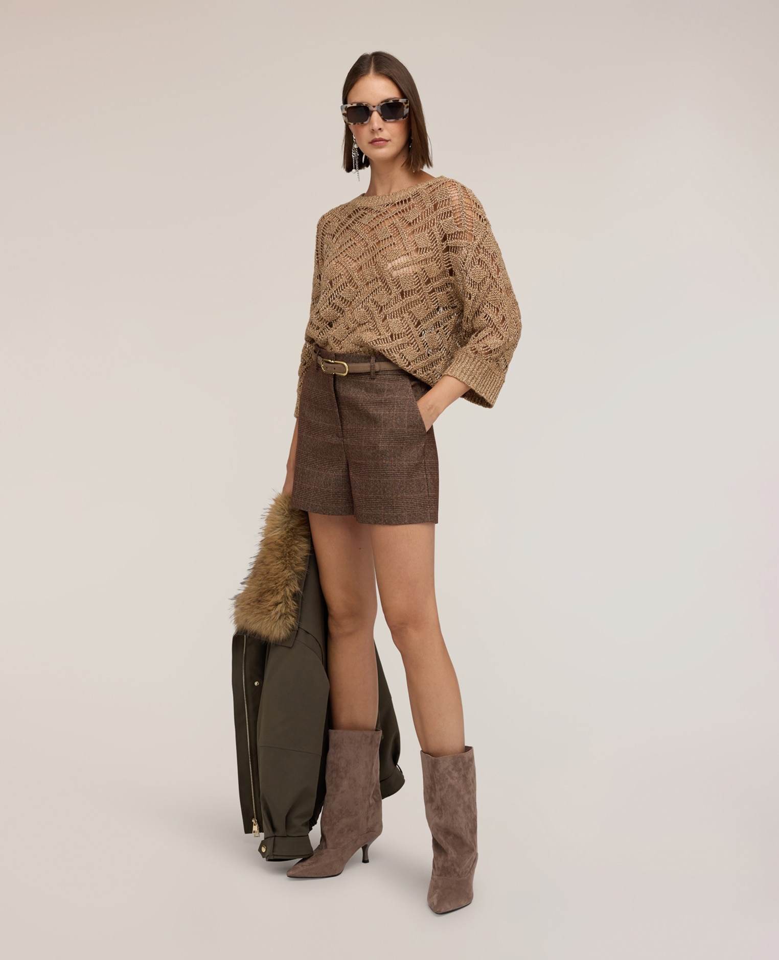 Shorts de mujer de talle alto con estampado de cuadros corte corto cierre con corchetes y cremallera - Motivi - Marrón Marrón-1