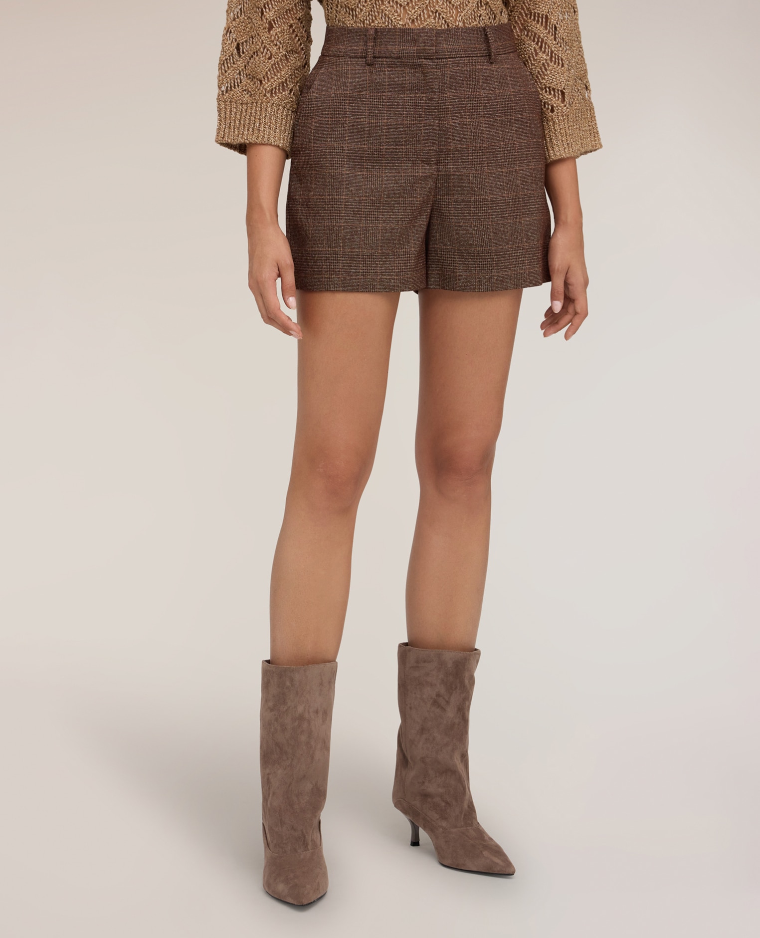 Shorts de mujer de talle alto con estampado de cuadros corte corto cierre con corchetes y cremallera - Motivi - Marrón Marrón-3