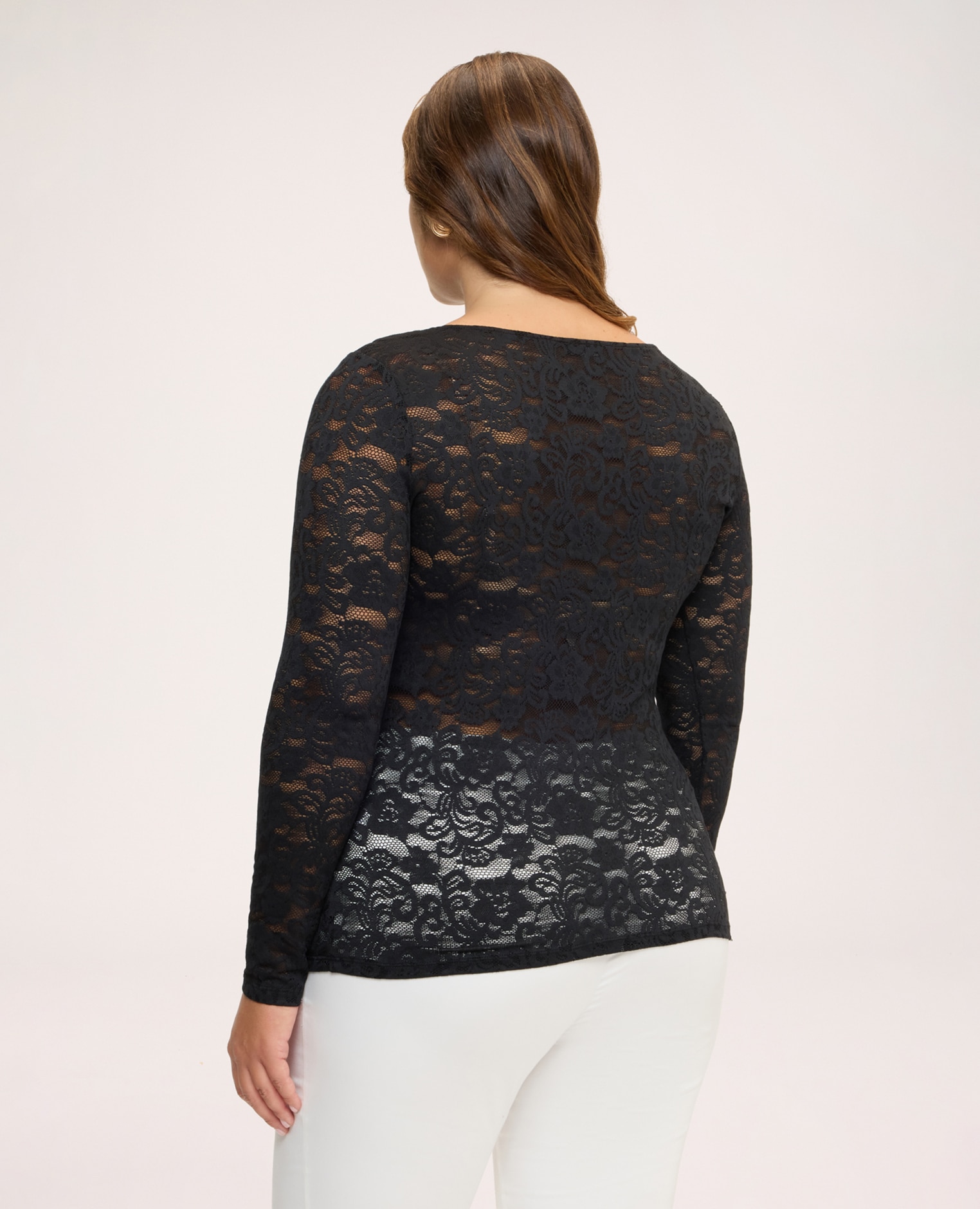 Camiseta de mujer de manga larga de encaje elástica con silueta ajustada efecto segunda piel - Fiorella Rubino - Negro Negro-2