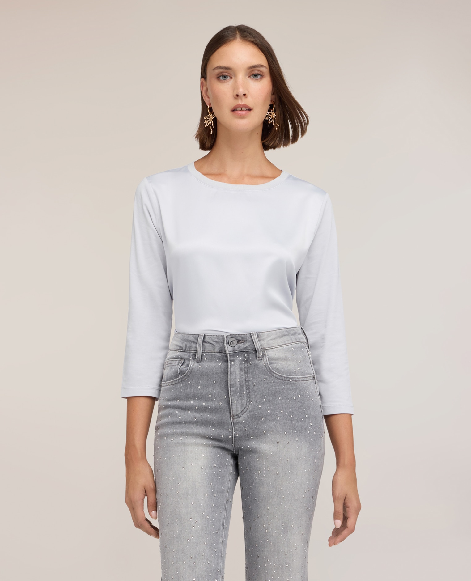 Imagen 1 de Camiseta de mujer bimaterial de mangas de tres cuartos ajuste regular sin cierre - Motivi - Gris Gris