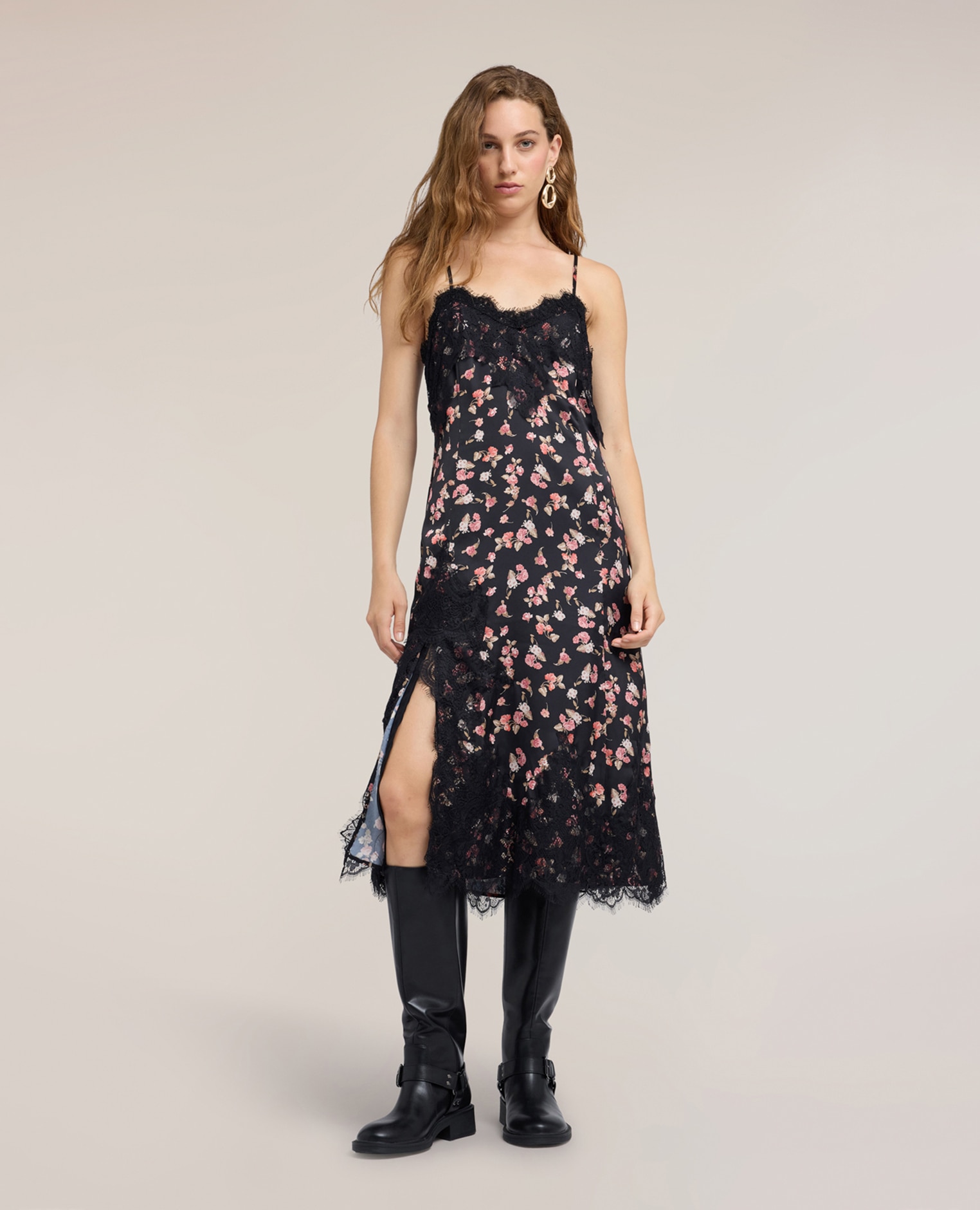 Vestido de georgette con estampado floral y encaje largo midi cierre con cremallera - Motivi - Negro Negro-1