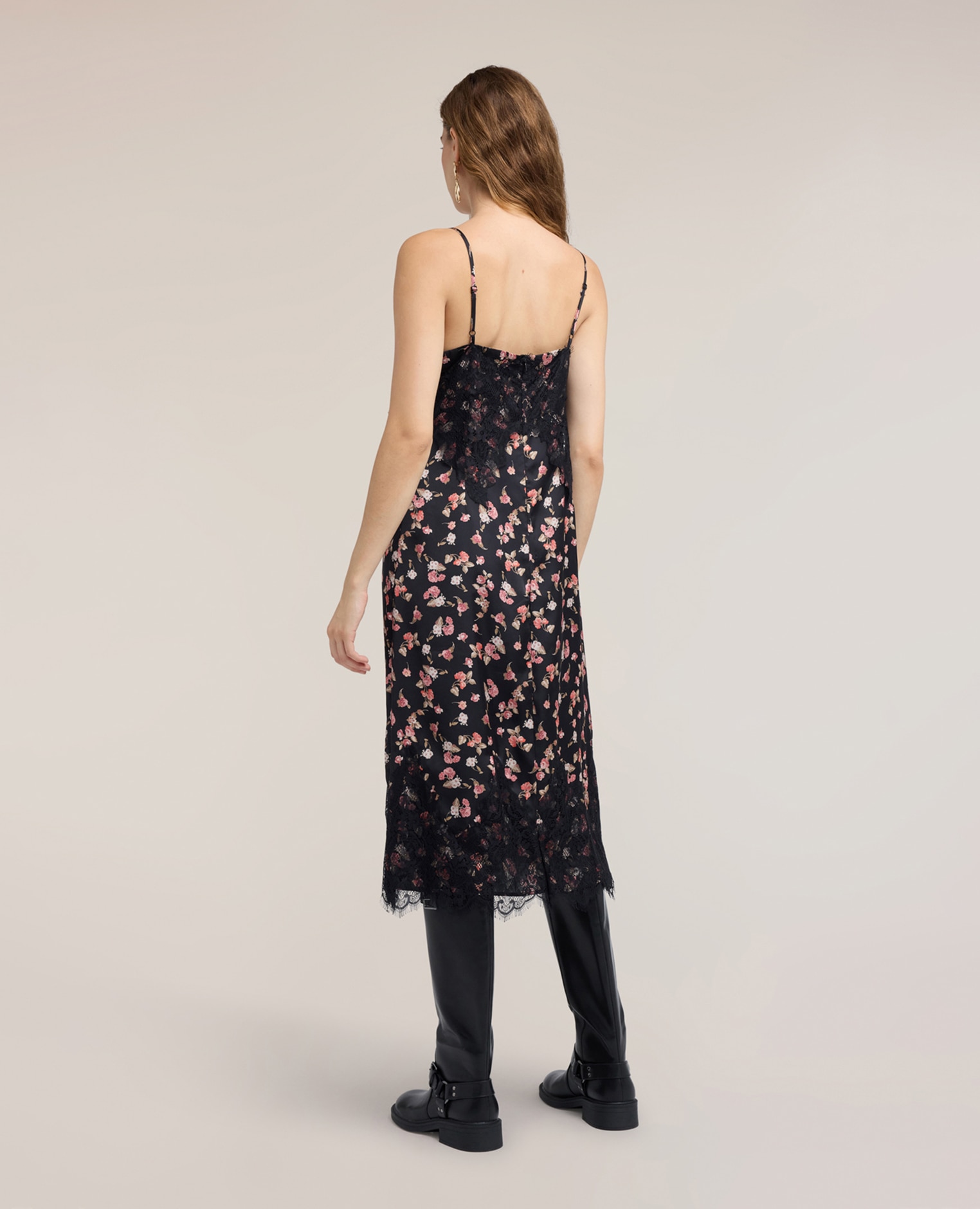 Vestido de georgette con estampado floral y encaje largo midi cierre con cremallera - Motivi - Negro Negro-2