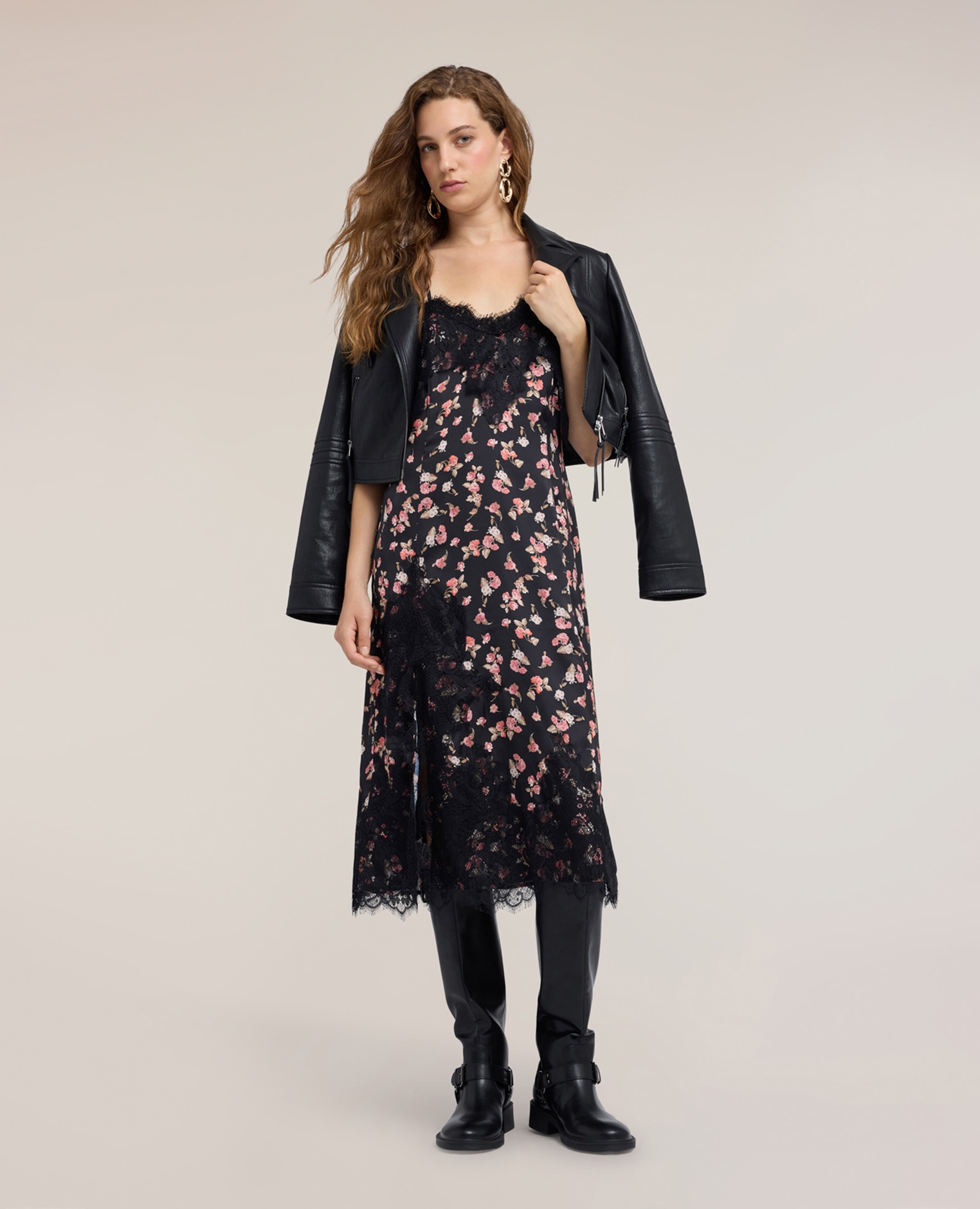 Vestido de georgette con estampado floral y encaje largo midi cierre con cremallera - Motivi - Negro Negro-3