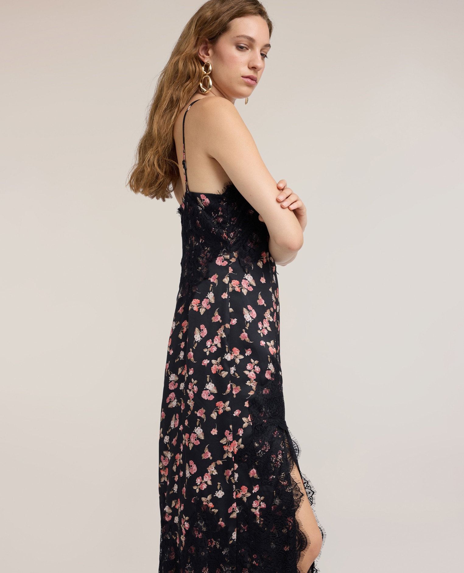 Vestido de georgette con estampado floral y encaje largo midi cierre con cremallera - Motivi - Negro Negro-4