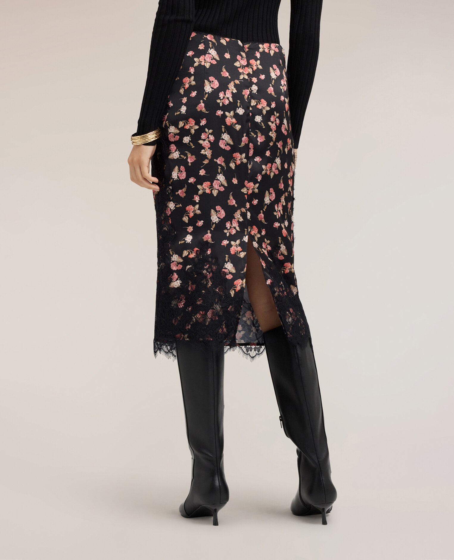 Falda tubo de georgette con estampado floral y encaje largo midi con cierre de cremallera borde inferior con inserto de encaje con perfil festoneado - Motivi - Negro Negro-2