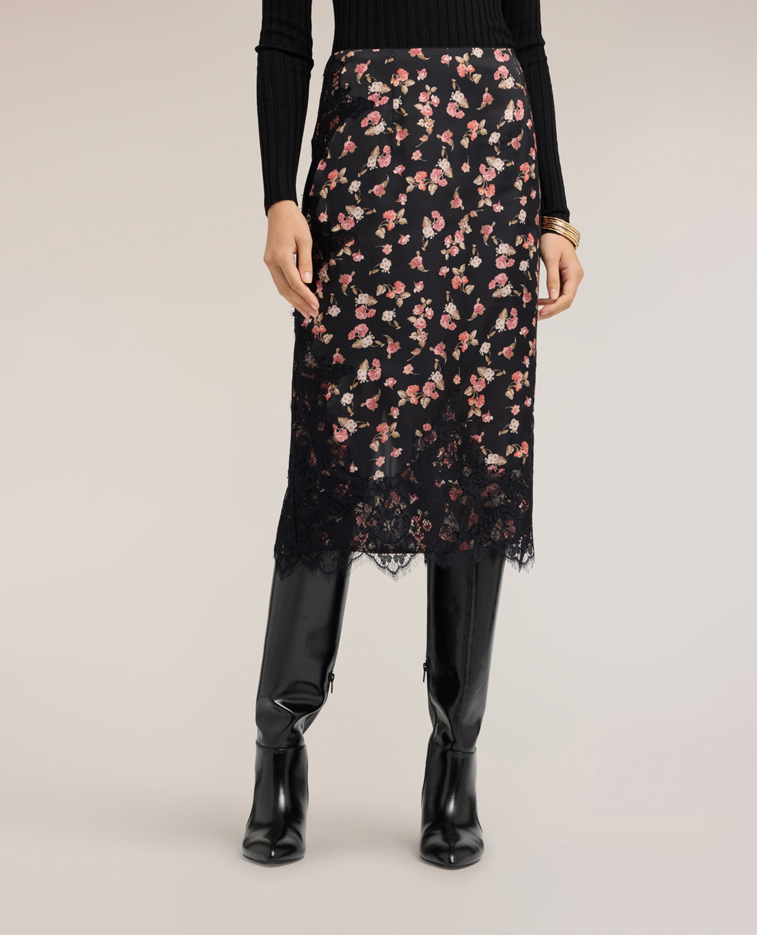 Falda tubo de georgette con estampado floral y encaje largo midi con cierre de cremallera borde inferior con inserto de encaje con perfil festoneado - Motivi - Negro Negro-3