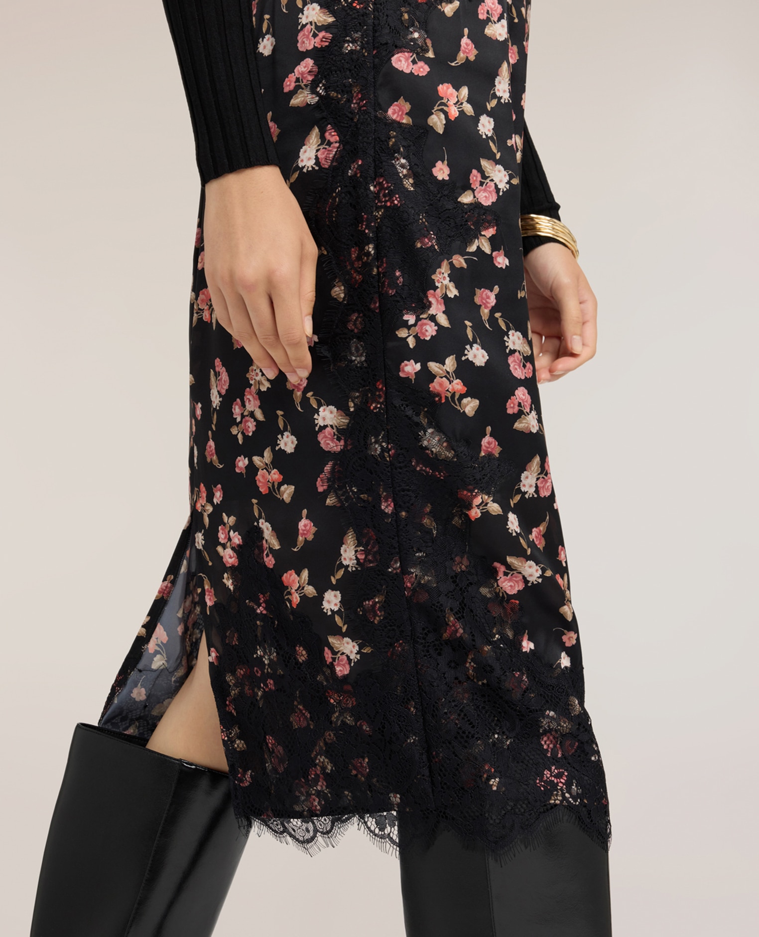 Falda tubo de georgette con estampado floral y encaje largo midi con cierre de cremallera borde inferior con inserto de encaje con perfil festoneado - Motivi - Negro Negro-4