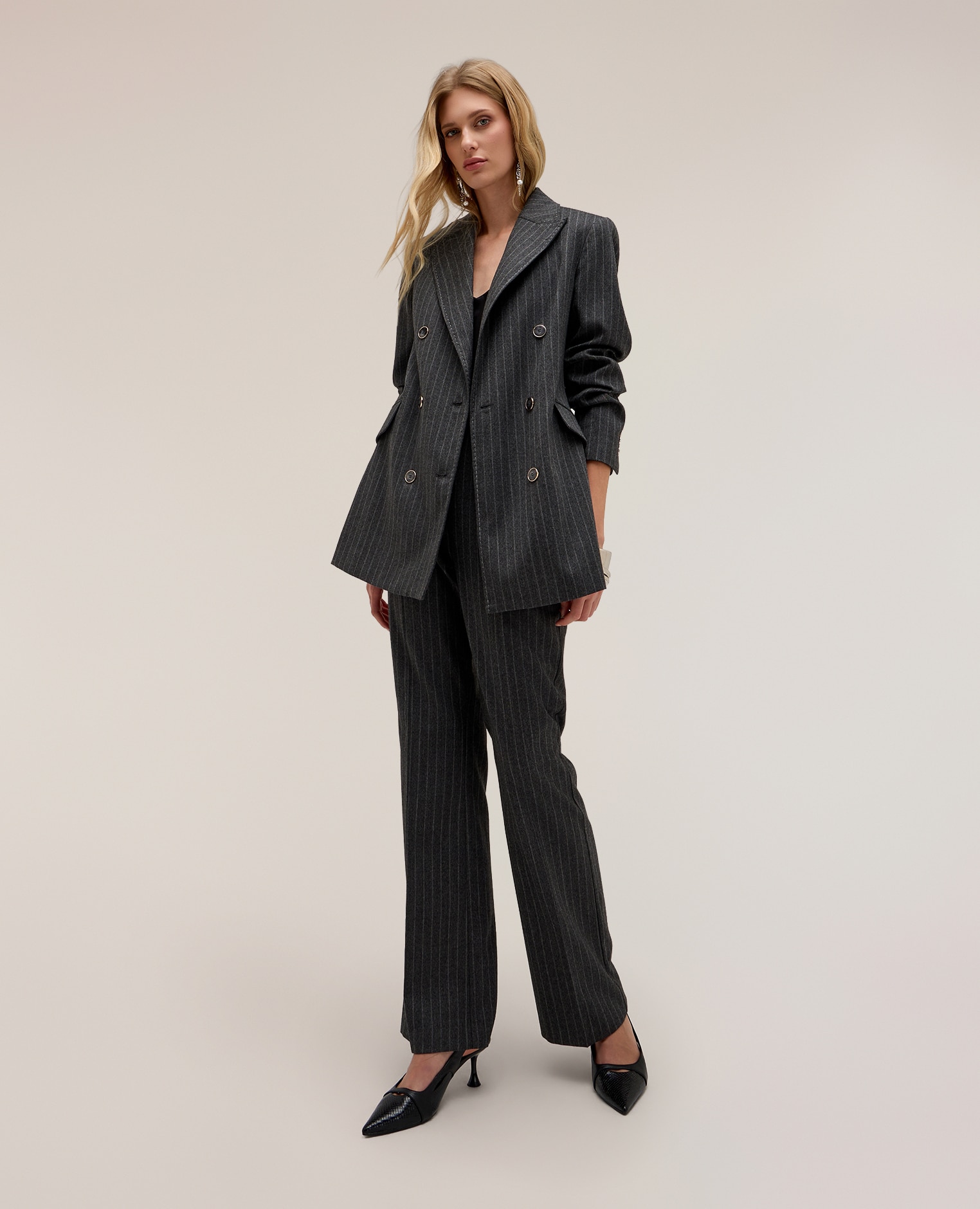 Blazer de mujer cruzado de rayas the tailoring lab largo medio ajuste ceñido - Motivi - Gris Gris-3