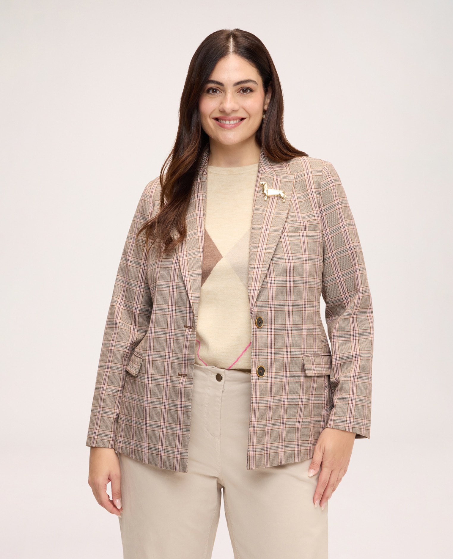 Imagen 1 de Blazer de mujer de cuadros con broche de perrito salchicha estampado de cuadros bolsillo en el pecho y bolsillos con solapa - Fiorella Rubino - Gris Gris