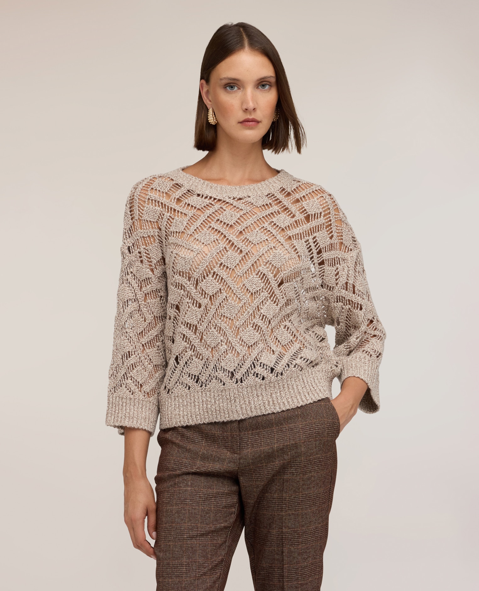 Jersey de mujer calado en mezcla de lana modelo boxy de longitud media sin cierre - Motivi - Beige Beige-1