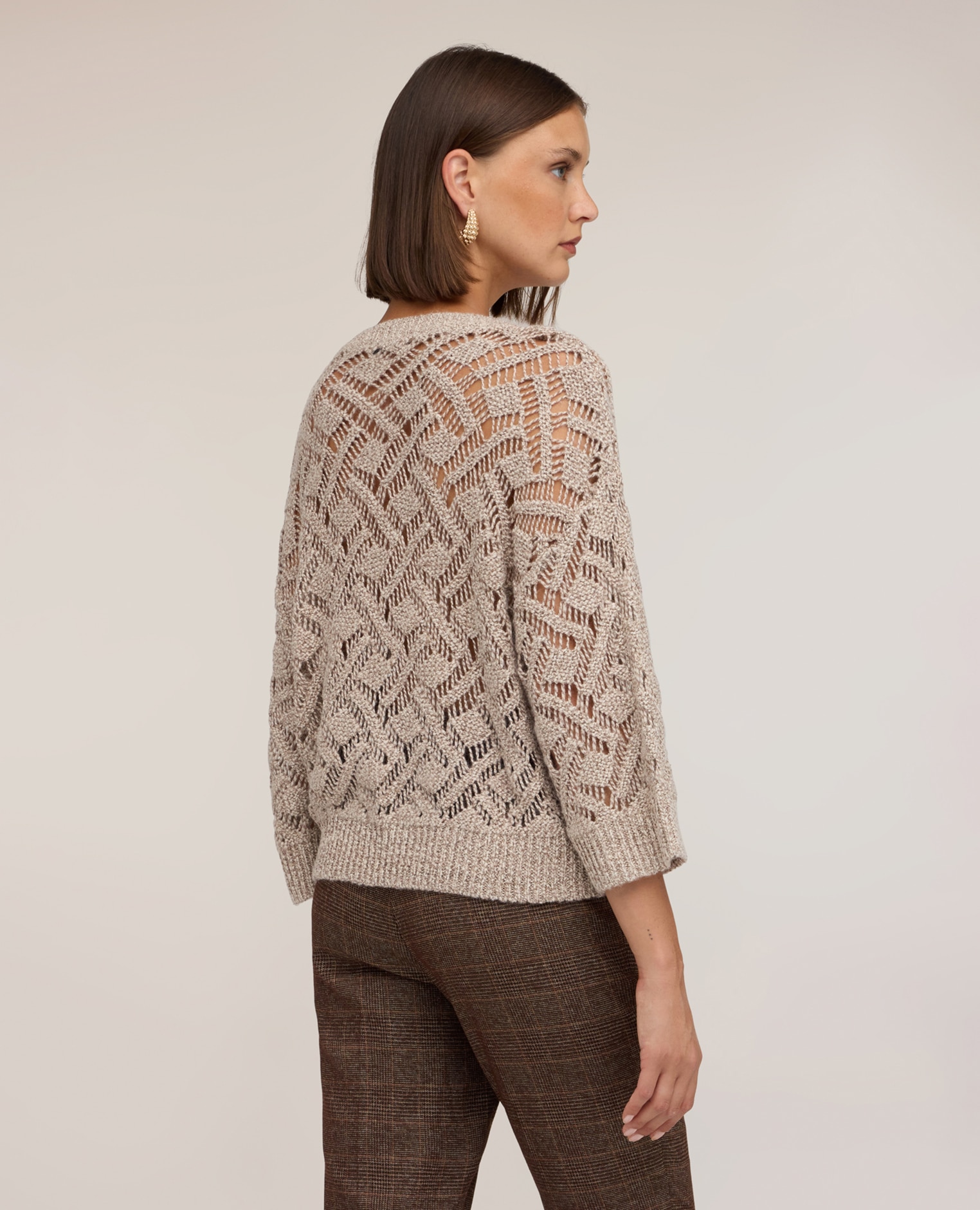 Jersey de mujer calado en mezcla de lana modelo boxy de longitud media sin cierre - Motivi - Beige Beige-2