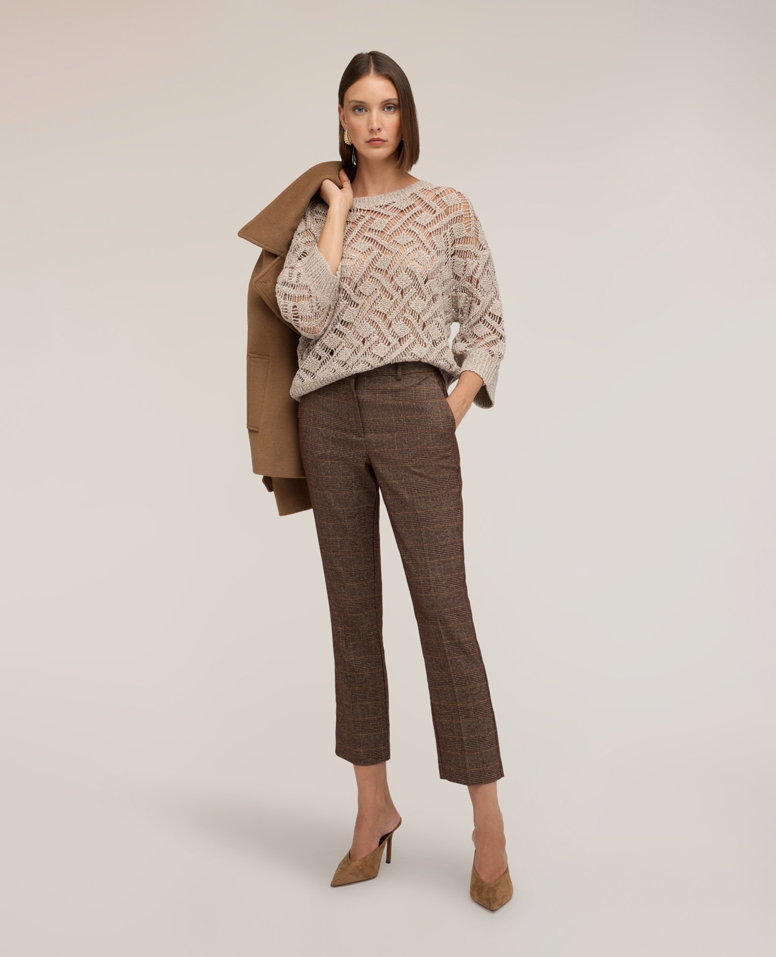 Jersey de mujer calado en mezcla de lana modelo boxy de longitud media sin cierre - Motivi - Beige Beige-3