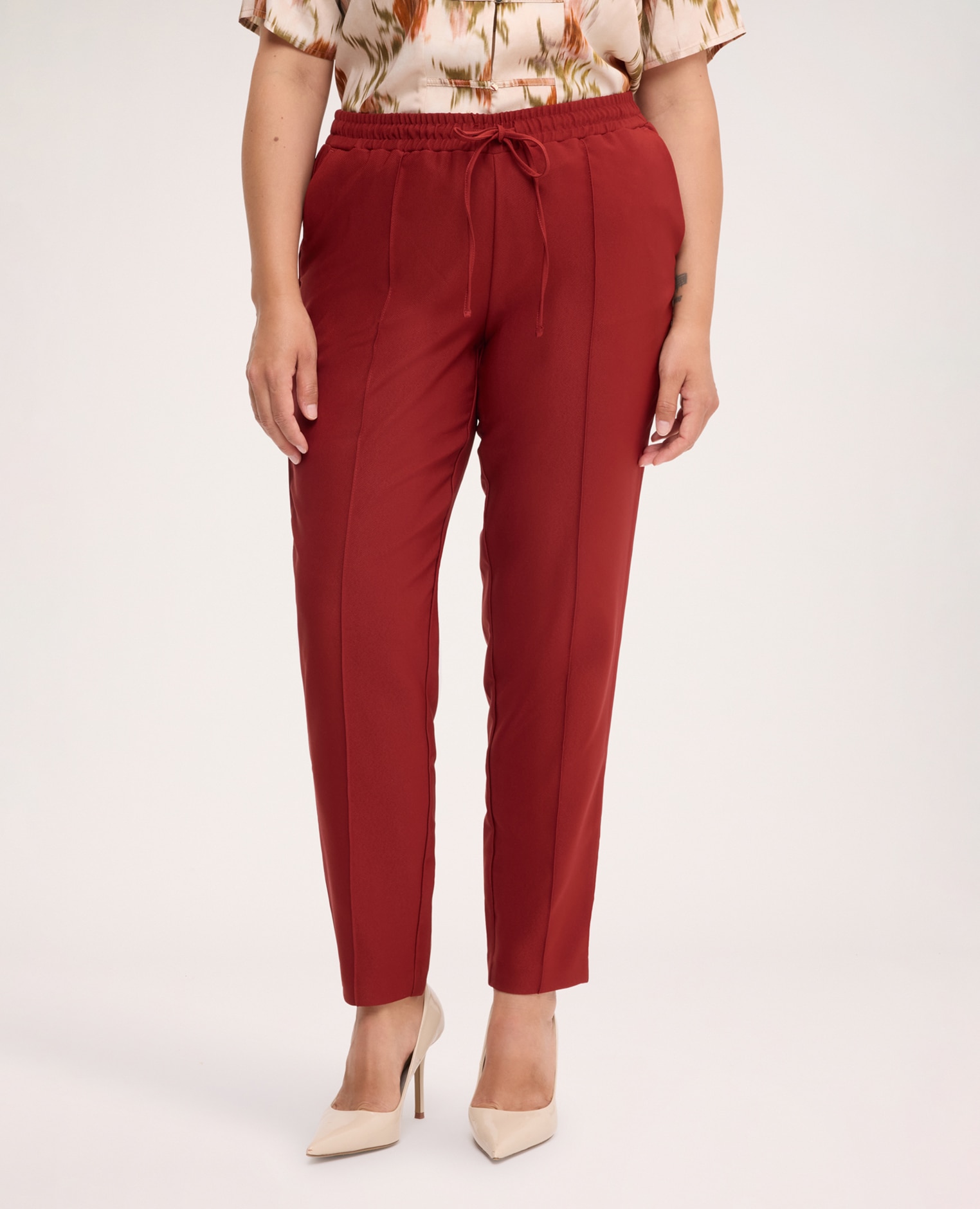 Pantalones de mujer rectos con cordón ajustable cintura elástica con cordón ajustable bolsillos diagonales - Fiorella Rubino - Marrón Marrón-3